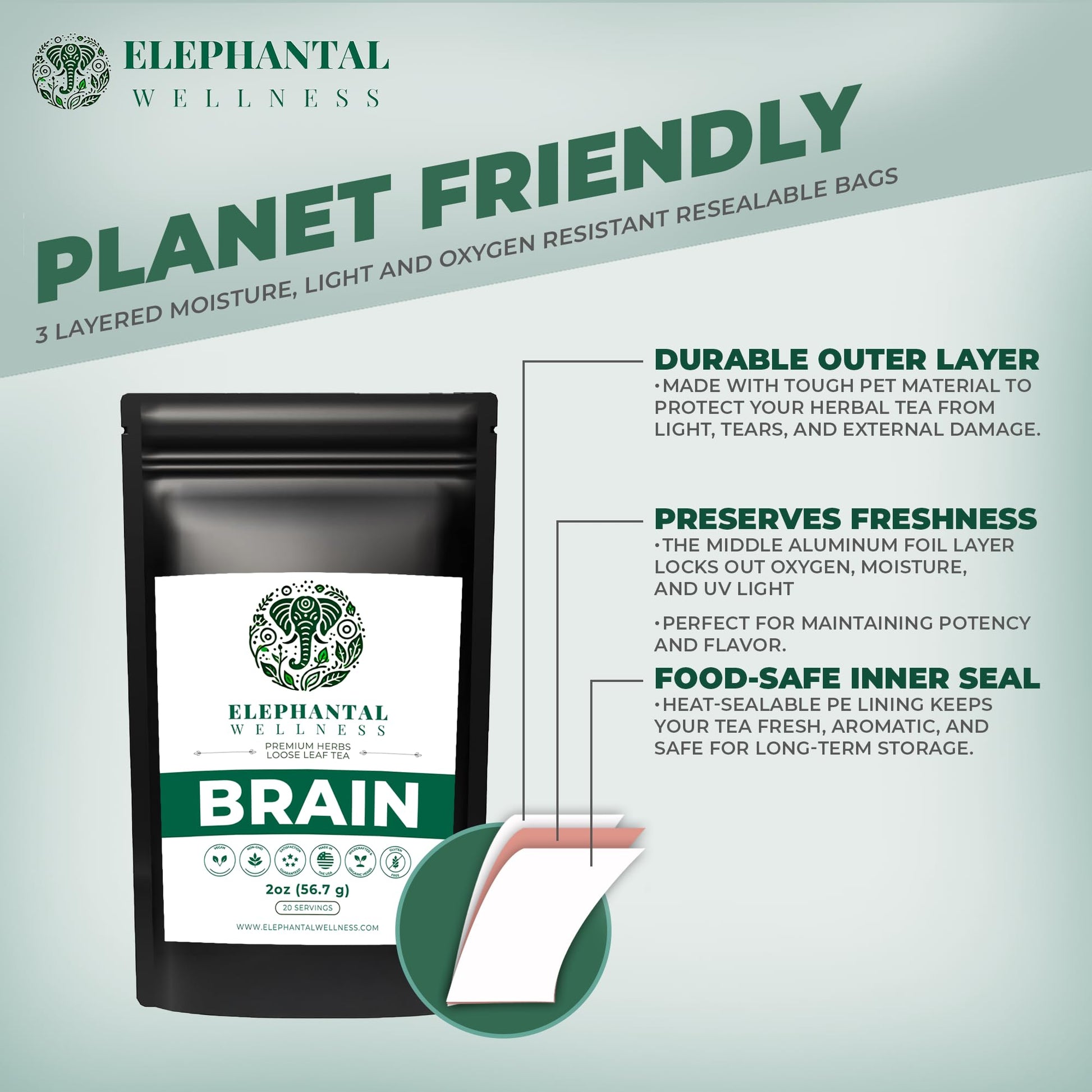 Elephantal Wellness Premium Brain Herbal Tea | Nootropic Focus & Mental Clarity with Ginkgo, Bacopa, Gotu Kola & Rosemary | Non-GMO, Caffeine-Free Coffee Alternative, Handmade Loose Leaf Blend, 2oz Loose Leaf, 20 Servings Elephantal WellnessAu supplements