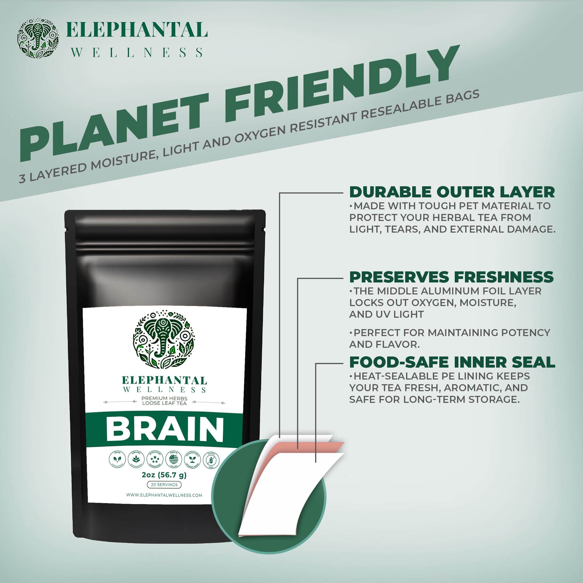 Elephantal Wellness Premium Brain Herbal Tea | Nootropic Focus & Mental Clarity with Ginkgo, Bacopa, Gotu Kola & Rosemary | Non-GMO, Caffeine-Free Coffee Alternative, Handmade Loose Leaf Blend, 2oz Loose Leaf, 20 Servings Elephantal WellnessAu supplements