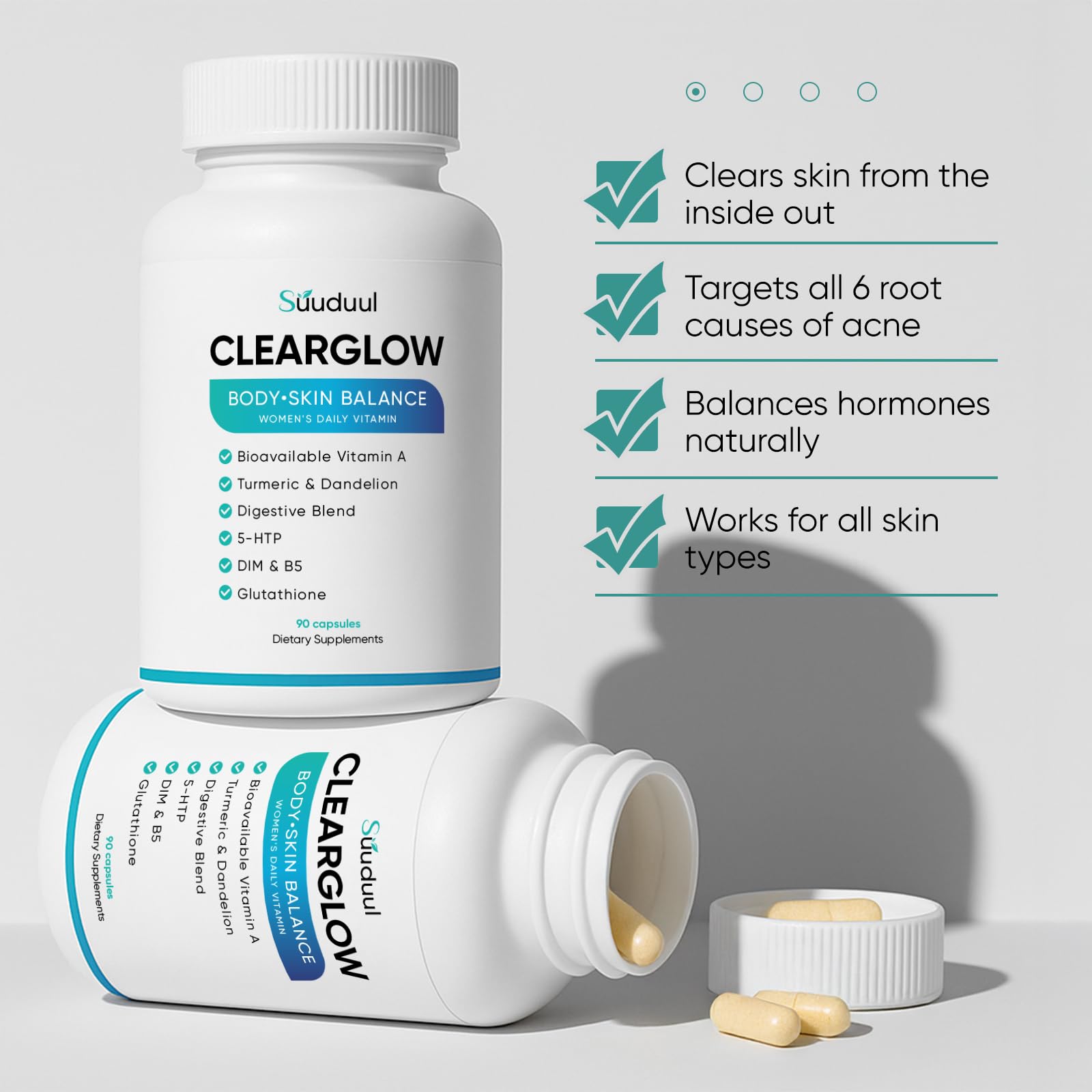 Clear Skin Supplement & Acne Supplement with Vitamin A, DIM, Milk Thistle – Hormonal Balance, Liver Detox & Antioxidant Support – Glutathione, Turmeric, Dandelion – Natural Skin Formula 90 Capsules SUUDUULAu supplements