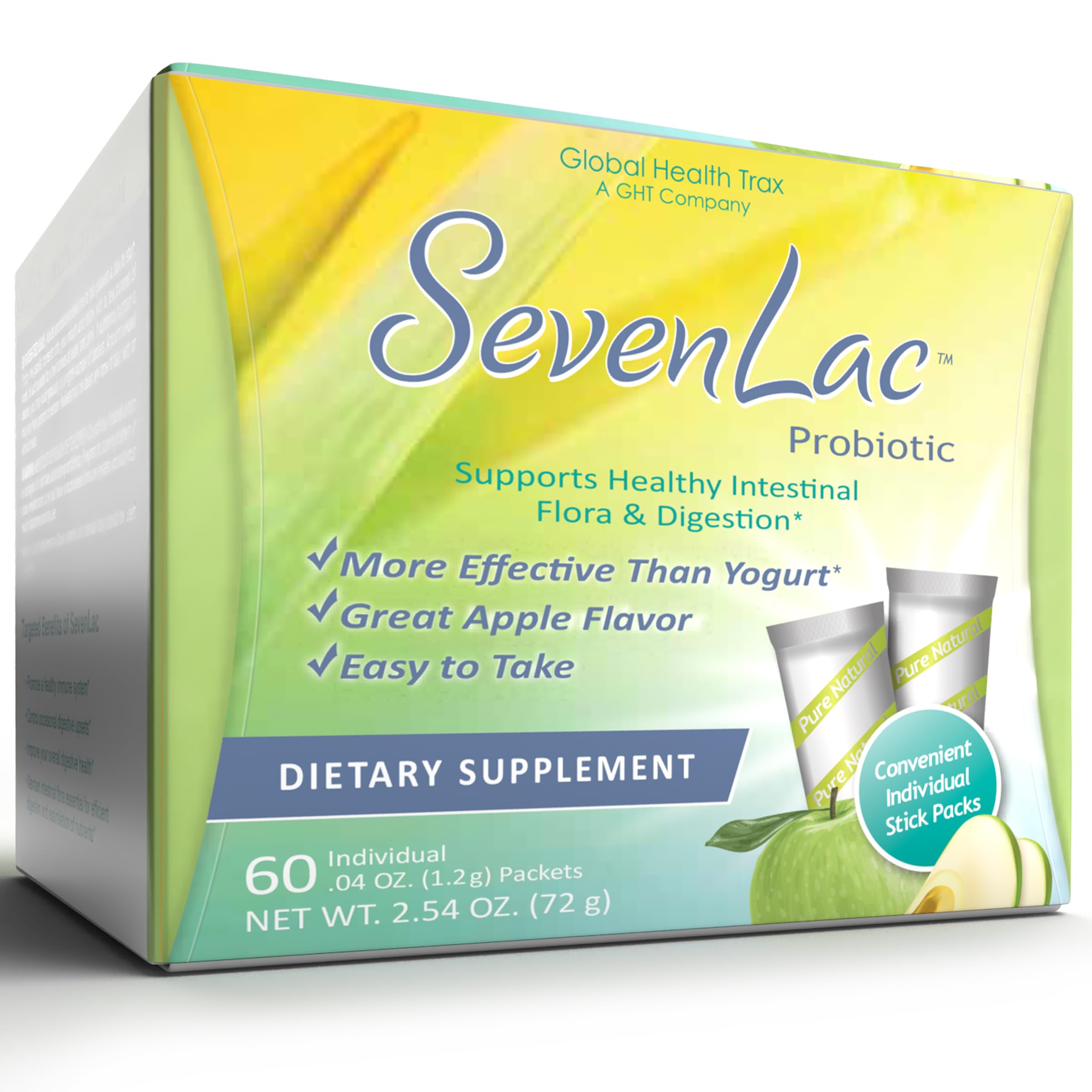 Global Health Trax SevenLac Apple Probiotic Powder Drink Mix, Probiotics for Women, Men, and Kids – Smooth Digestive Support - Relieves Constipation and Gas – 60 Packets, 2.54 Oz, Non-GMO, Gluten-Free ght Global Health TraxAu supplements