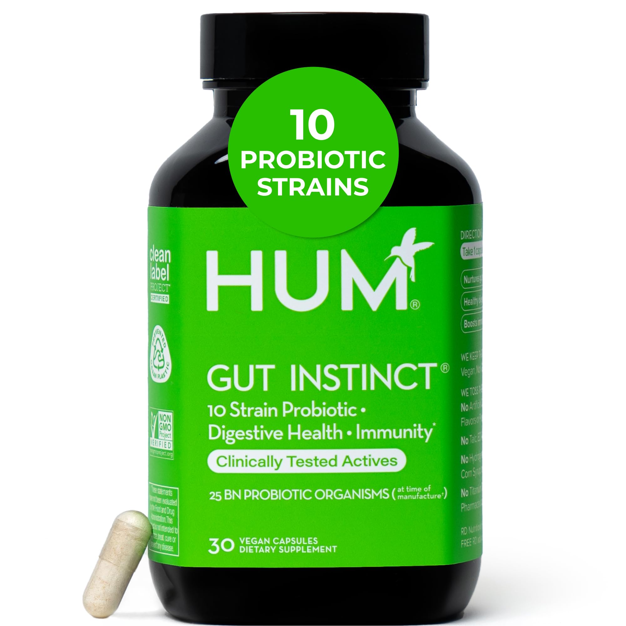 HUM Gut Instinct Daily Probiotics for Women and Men, Digestive Health, Lactobacillus, Bifidobacterium Strains for Immune Support, Probiotic Supplement for Healthy Gut Diversity, 30 Capsules HUMAu supplements