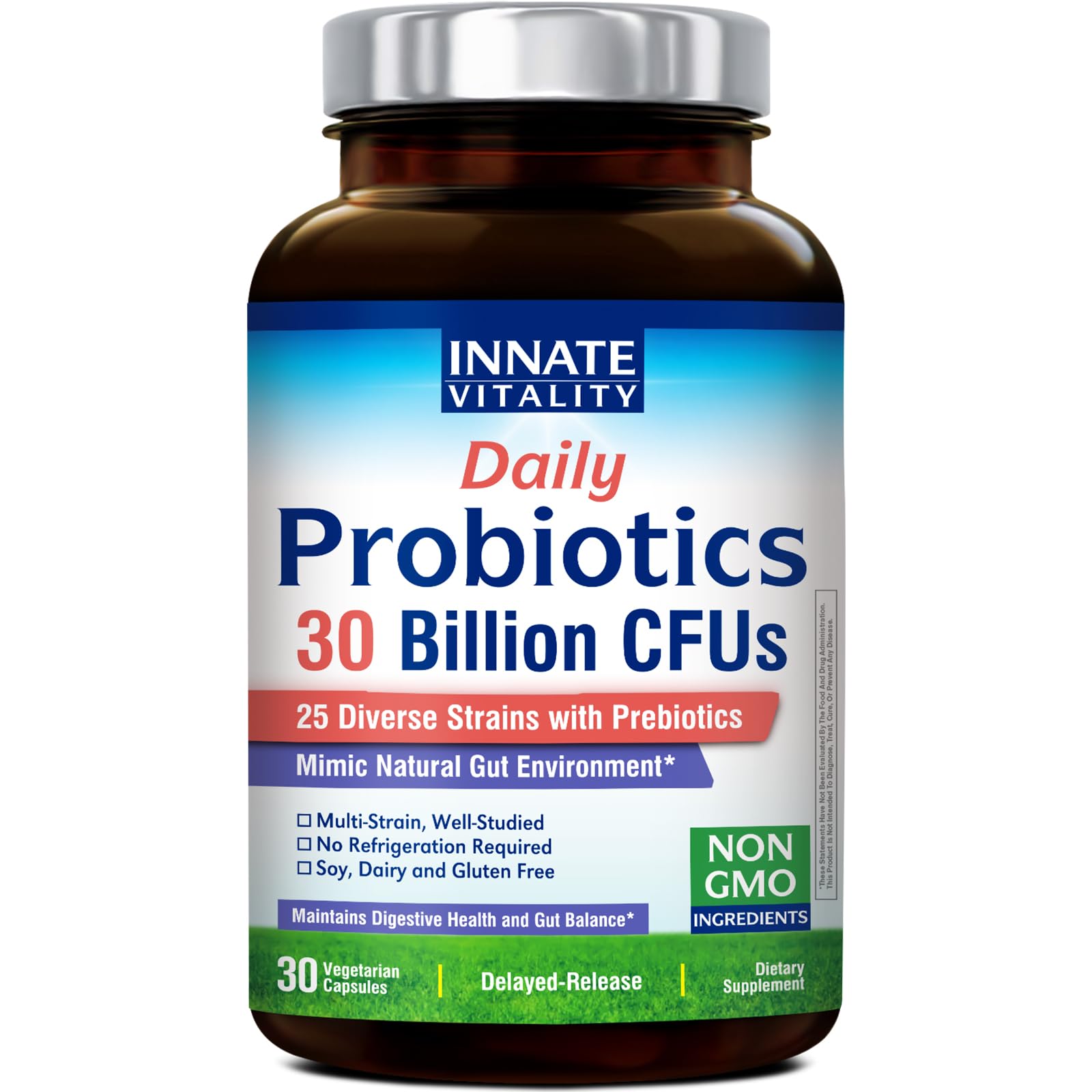 Innate Vitality Daily Probiotics for Women & Men, 30 Billion CFU of 25 Strains, Prebiotics, for Digestive Health Diarrhea Constipation Bloating & Gas Relief, Delayed Release, No Gluten, Vegan, 30 Caps Innate VitalityAu supplements
