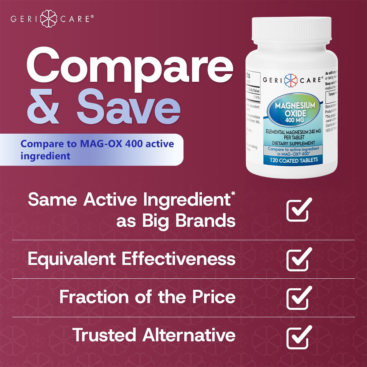 GeriCare Magnesium Oxide Supplement 240 mg of Elemental Magnesium, 120 Tablets, Essential Mineral Support, Promotes Vascular Health, Bone Strength, and Muscle Function (Pack of 1) GeriCareAu supplements