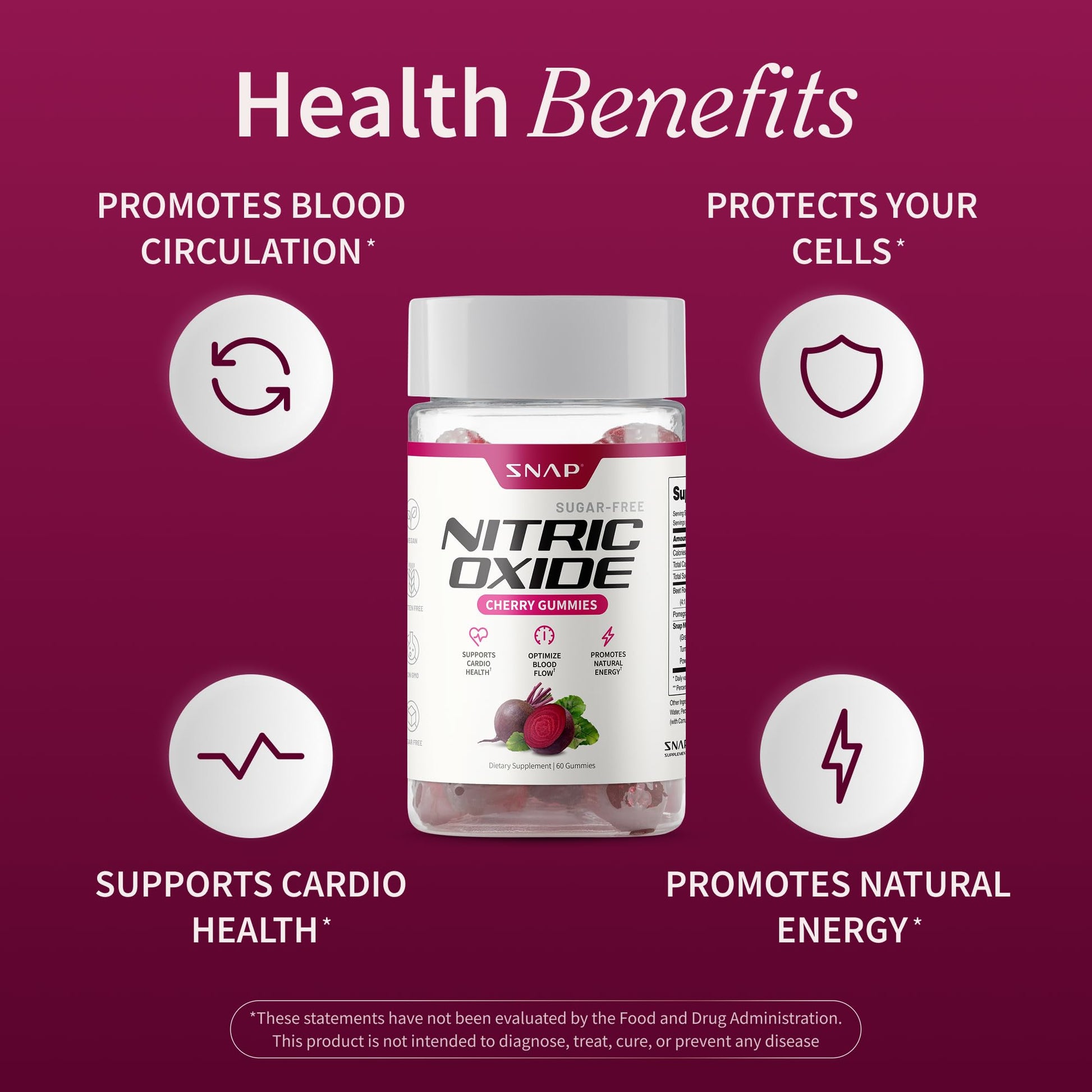 Snap Supplements Nitric Oxide Gummies - Beet Root Extract 300mg, Sugar Free Beetroot Supplement with Pomegranate Powder for Circulation & Natural Energy, 60 Vegan Gummies, Cherry Flavor Snap SupplementsAu supplements
