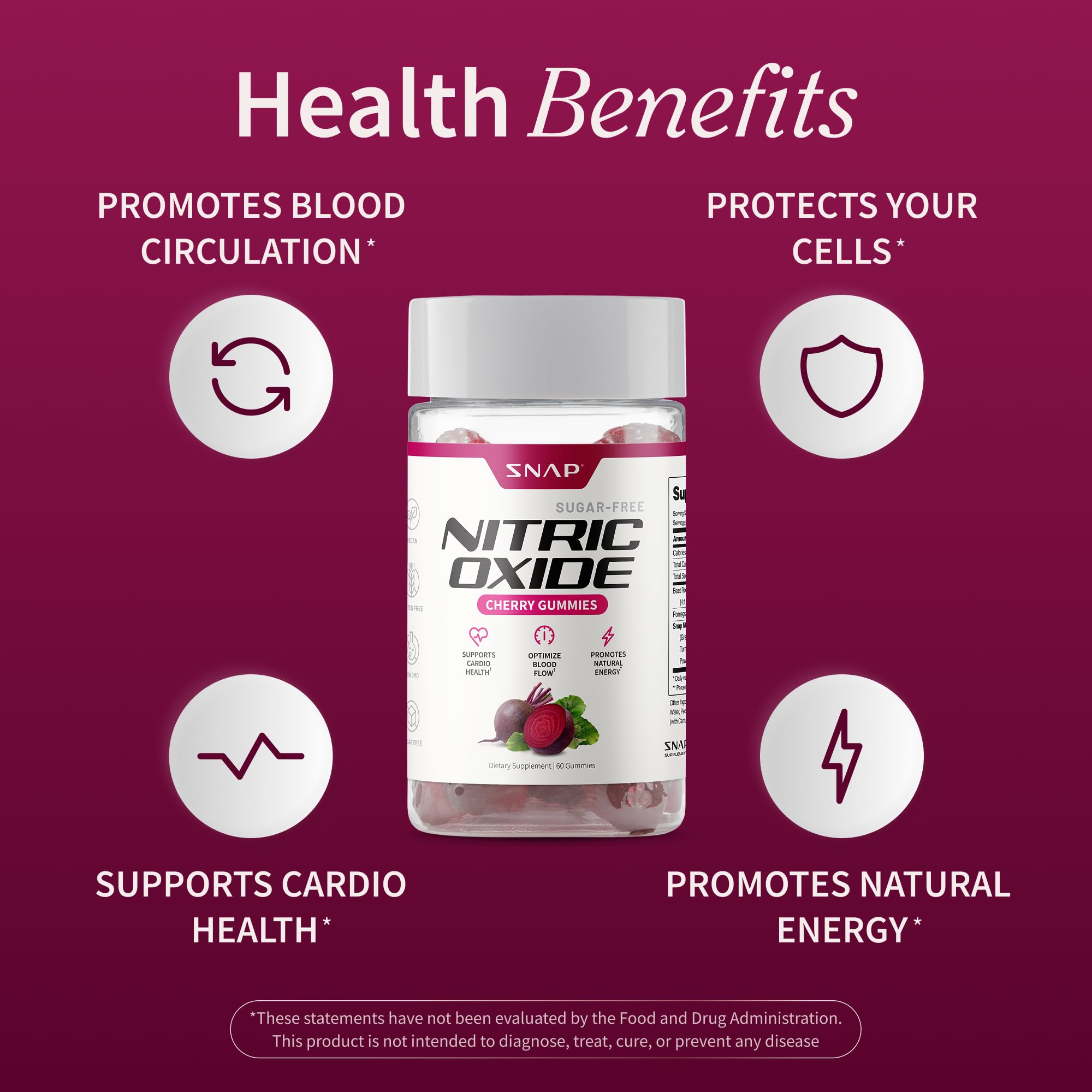 Snap Supplements Nitric Oxide Gummies - Beet Root Extract 300mg, Sugar Free Beetroot Supplement with Pomegranate Powder for Circulation & Natural Energy, 60 Vegan Gummies, Cherry Flavor Snap SupplementsAu supplements