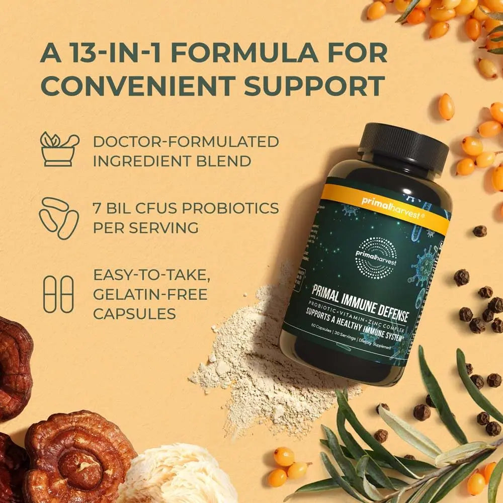 Primal Harvest Immune Defense 10-in-1 Supplement with Probiotics, Zinc, and Vitamins C, D3, K2, B6 Daily Immune Support for Adults Primal HarvestAu supplements