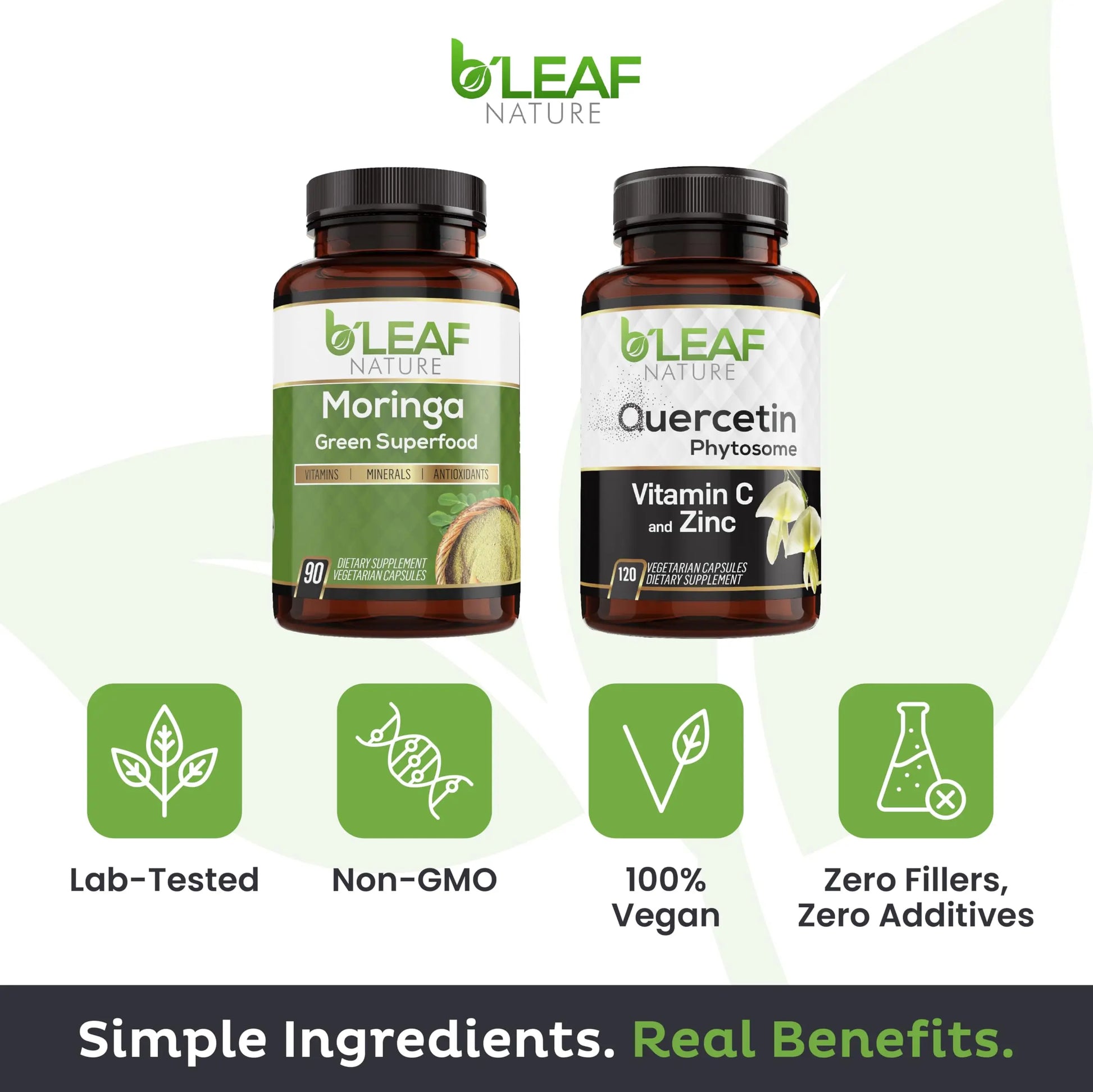 B'LEAF NATURE Moringa and Quercetin Bundle - Non-GMO, Vegan, High Absorption Capsules - 1000mg Quercetin Phytosome Blend + 1000mg Moringa - Natural Energy, Wellness and Immune Support Supplements B'LEAF NATUREnz supplements
