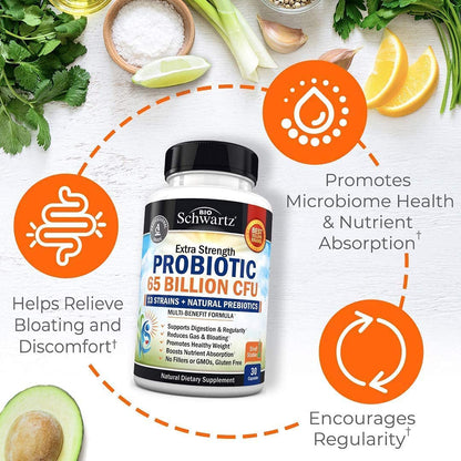 Probiotic 65 Billion - Probiotics with Prebiotic for Women & Men - Lactobacillus BioSchwartzUS supplements