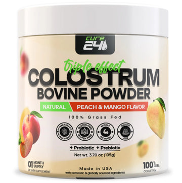 Cure24 Bovine X3 Colostrum Supplement Powder for Humans, 100% Pure Whole Natural Grass Fed Superfood, High IgG, Plus Probiotic & Prebiotic, Natural Peach-Mango Flavor, Made in USA Cure24Au supplements