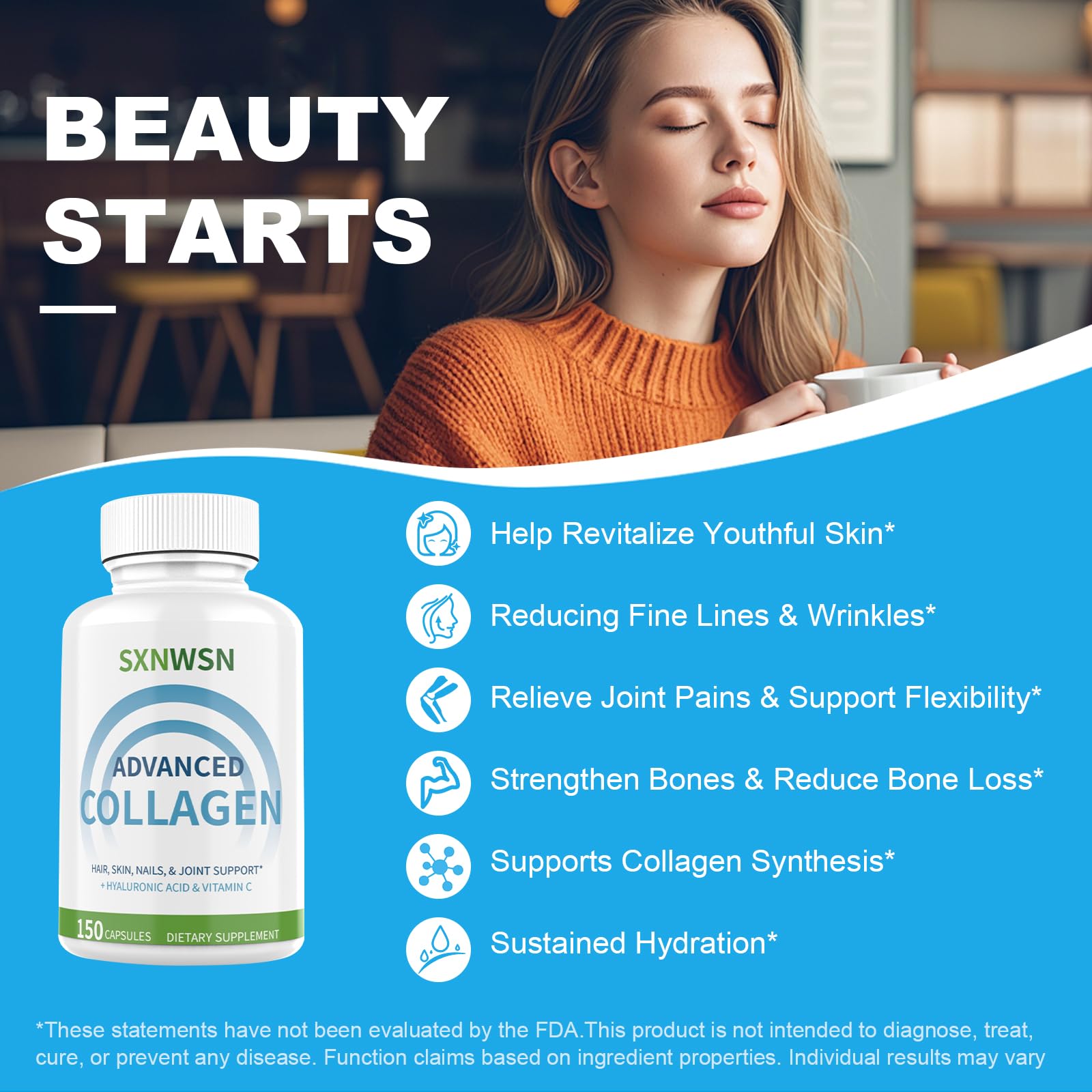 Advanced Multi Collagen Supplement with Vitamin C + Hyaluronic Acid - Hydrolyzed Collagen Peptides Supports for Skin, Joints & Hair* | Collagen Complex 150 Capsules for Women or Men SXNWSNAu supplements