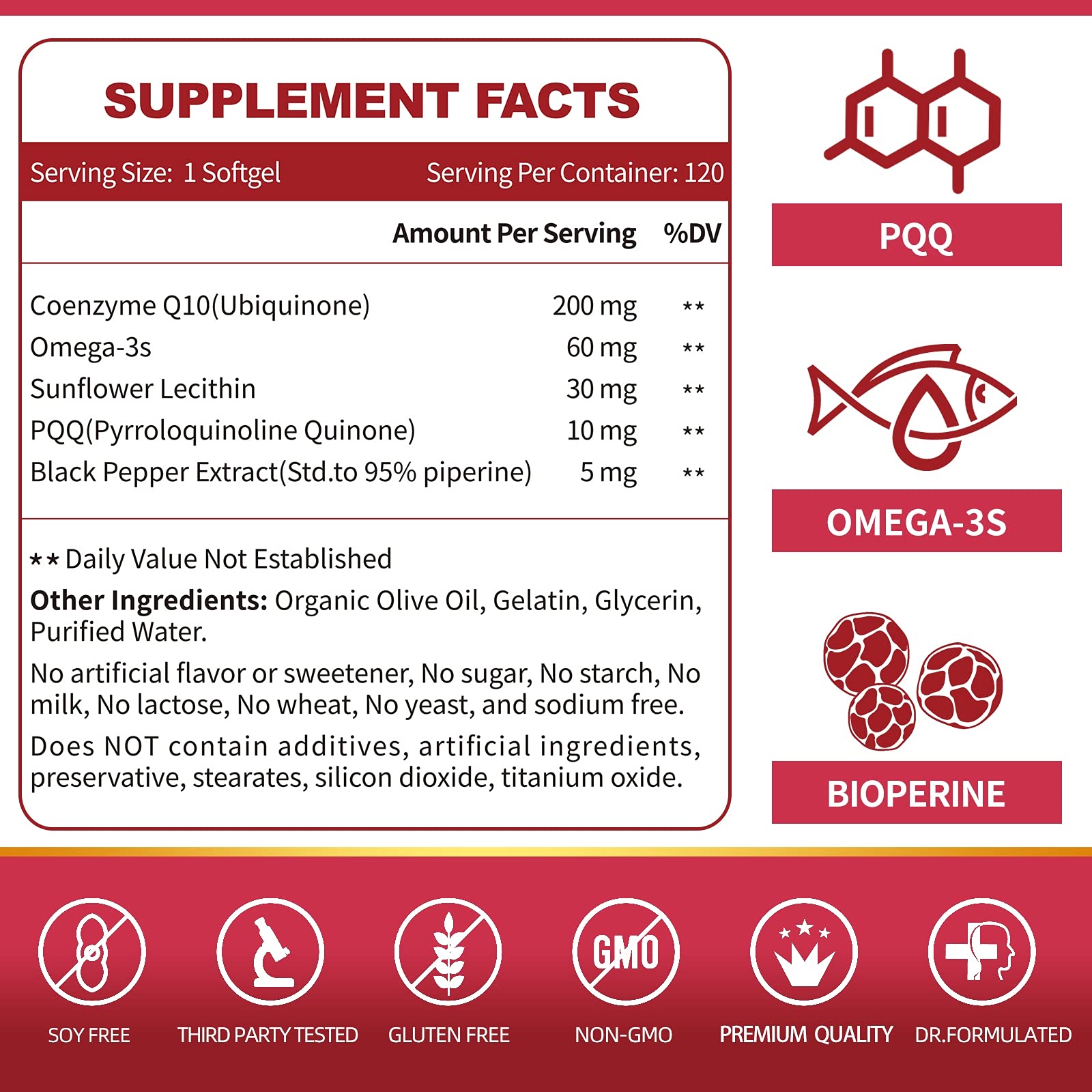 CoQ10-200mg-Softgels with PQQ, BioPerine & Omega-3, 120 Servings Coenzyme Q10 ZEBORAUS supplements