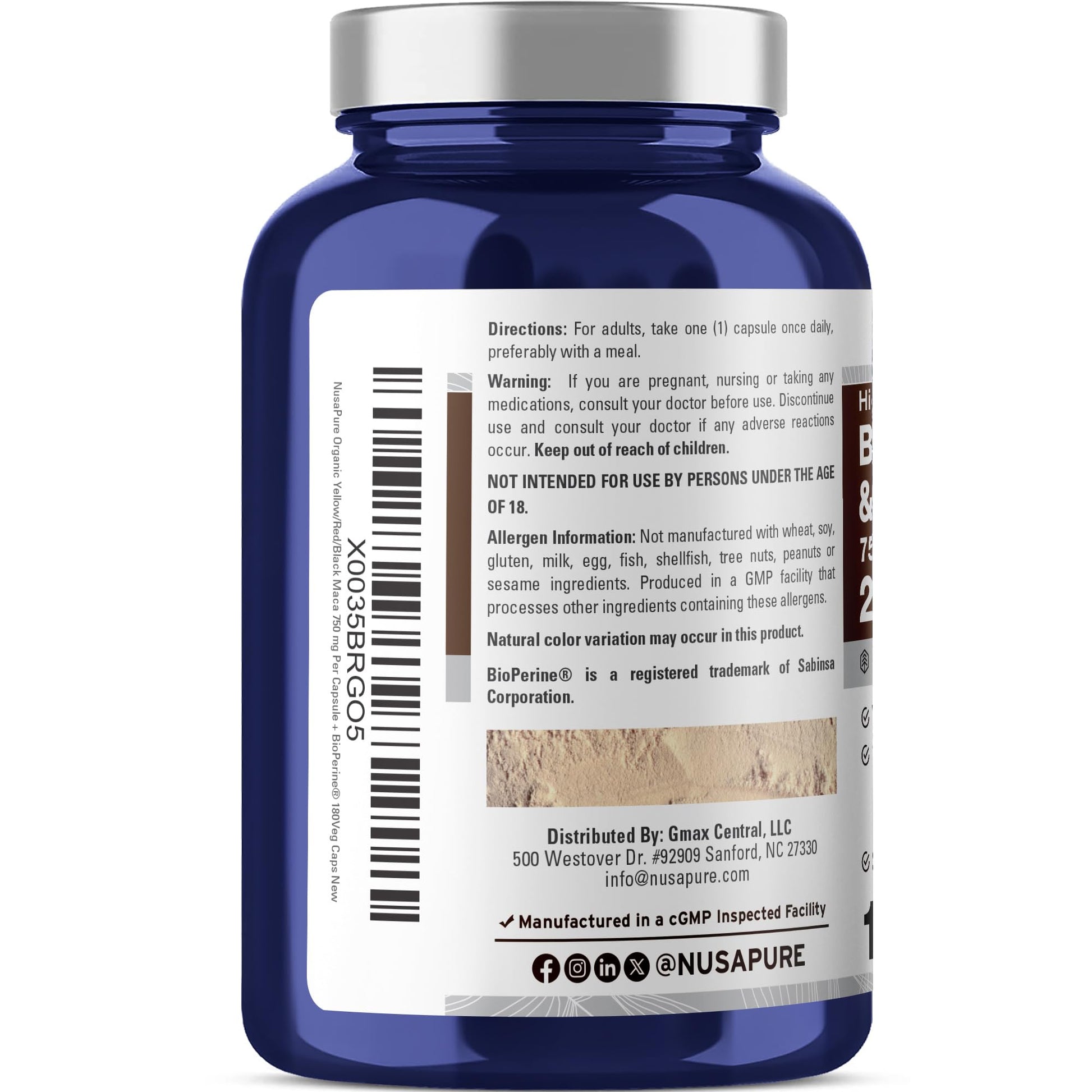 NusaPure Maca Root Black, Red, Yellow 20,000mg - 180 Vegan Capsules (Vegan,Non-GMO, Gluten Free) Bioperine NusaPureAu supplements