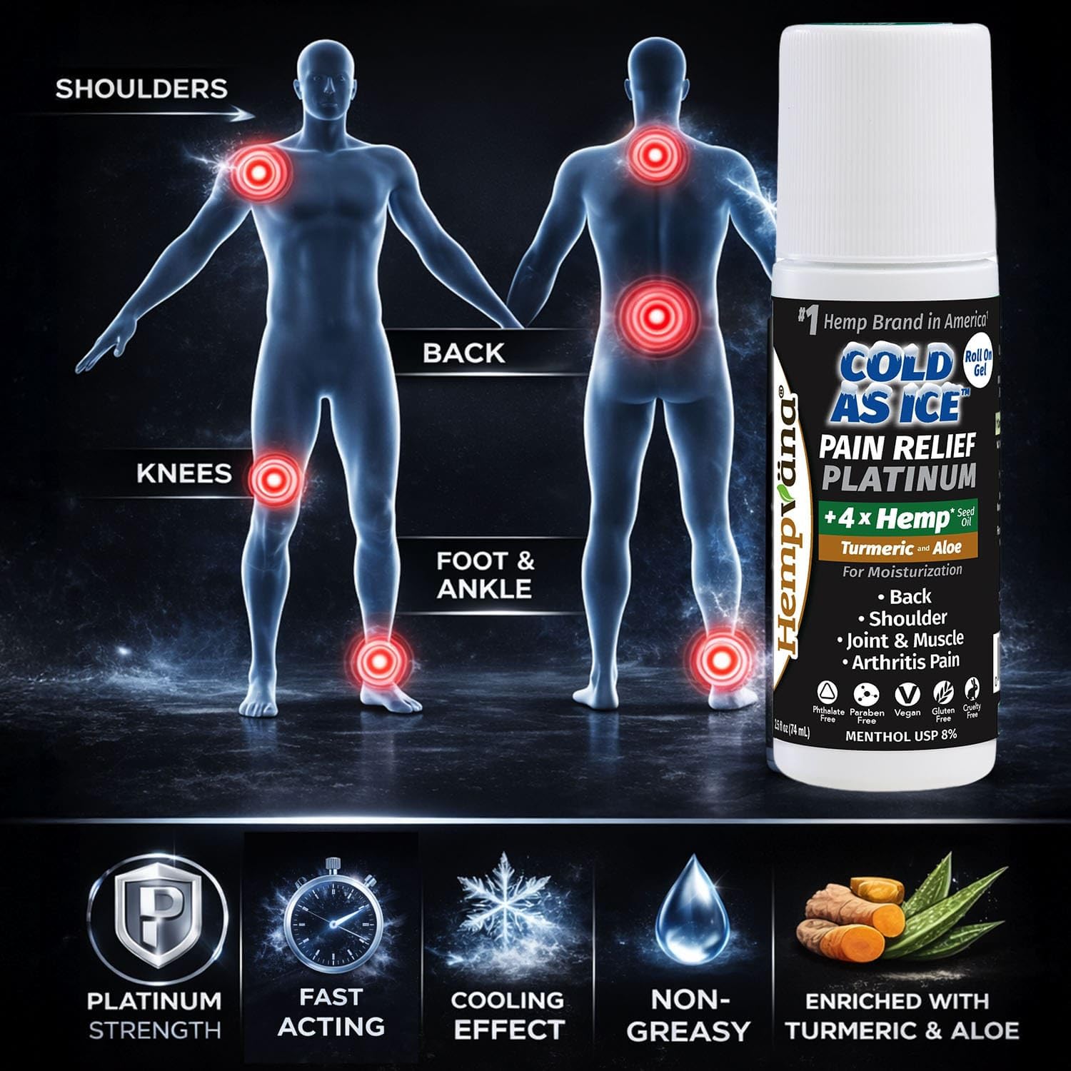 Hempvana Roll On Cold As Ice Platinum Fast Pain Relief for Knees, Neck, Hips, Shoulders, Back + Arthritis Pain Relief w/Hemp Seed Oil, AS SEEN ON TV, Cooling Menthol HempvanaAu supplements