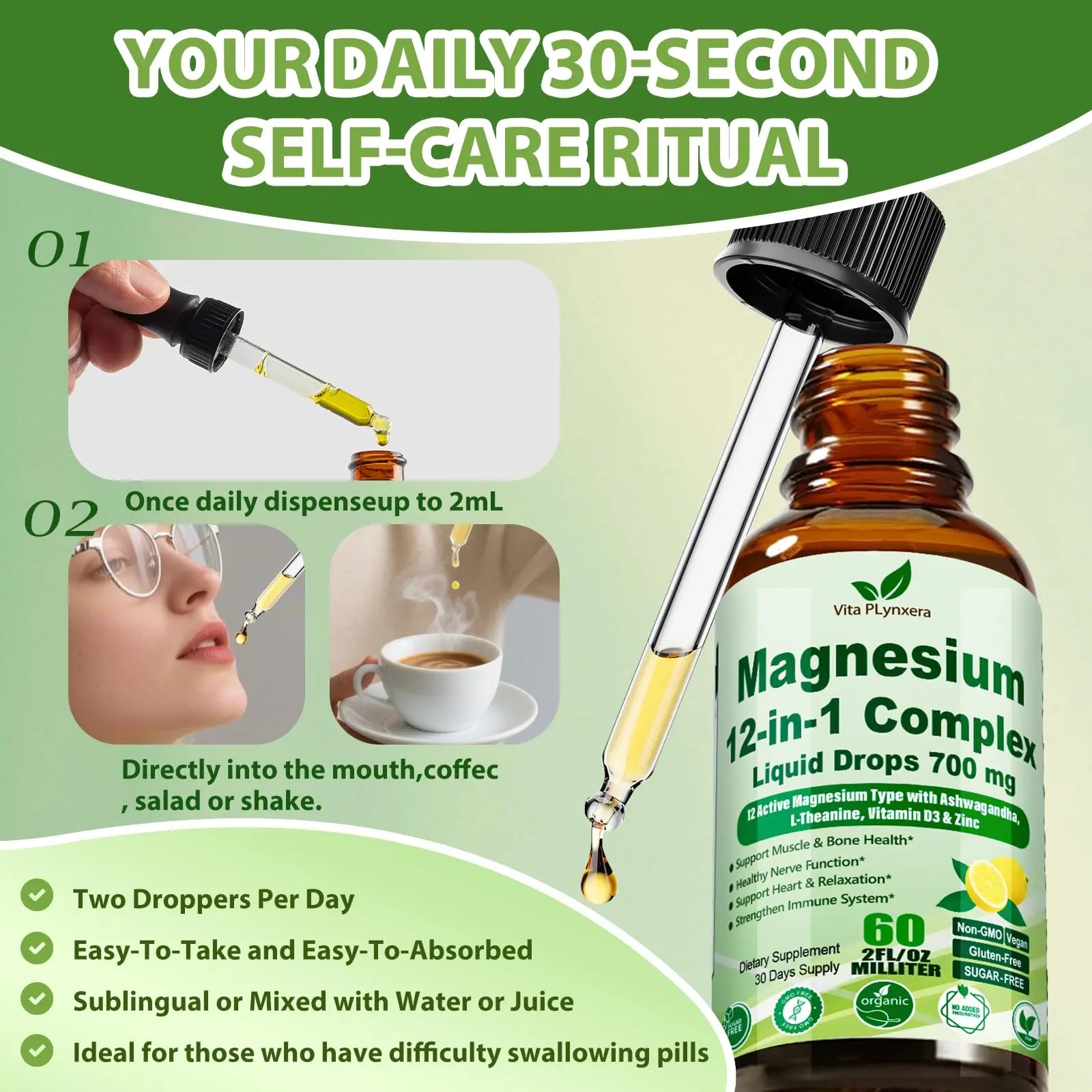 12-in-1 Magnesium Complex Liquid Drops, Chelated Magnesium Citrate Glycinate Taurate Malate Aspartate w. Ashwagandha Theanine D3 & Zinc for Relaxation Sleep Immune Health & Muscle Function丨Women Men. Vita PLynxeranz supplements