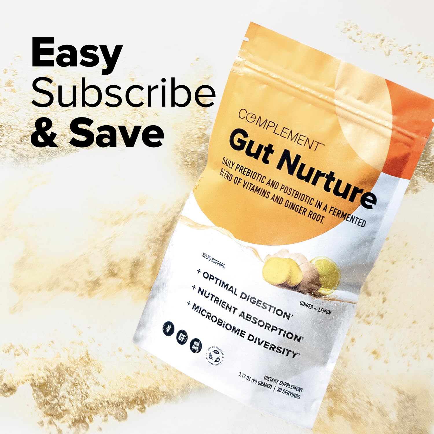 Complement Gut Nurture Prebiotic + Postbiotic Superfood Powder for Leaky Gut Repair, Probiotics for Digestive Health - Ginger Root - 30 Servings ComplementAu supplements