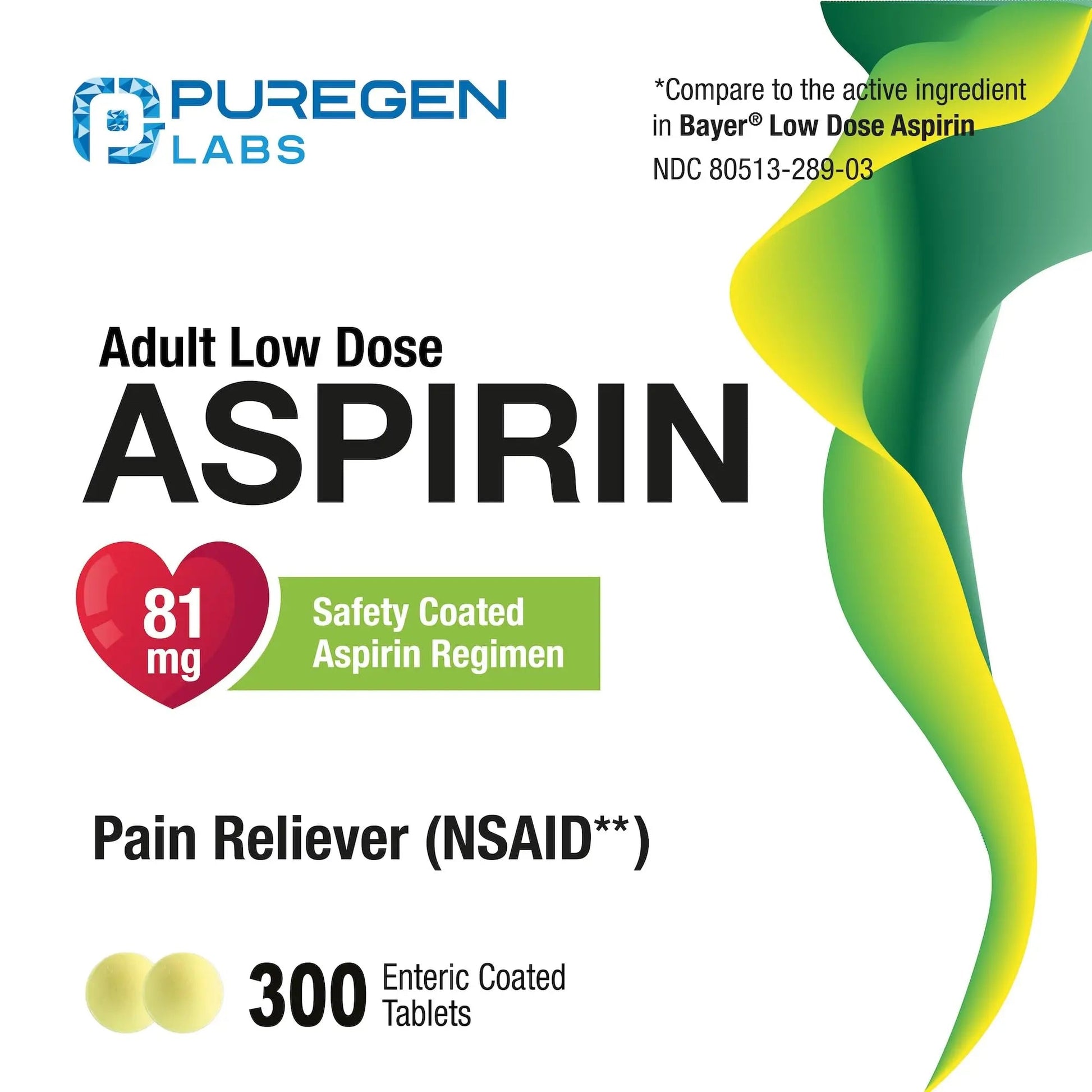 Puregen Labs Aspirin 81 mg Low Dose (NSAID) – 300 Enteric Coated Tablets P Puregen LabsAu supplements