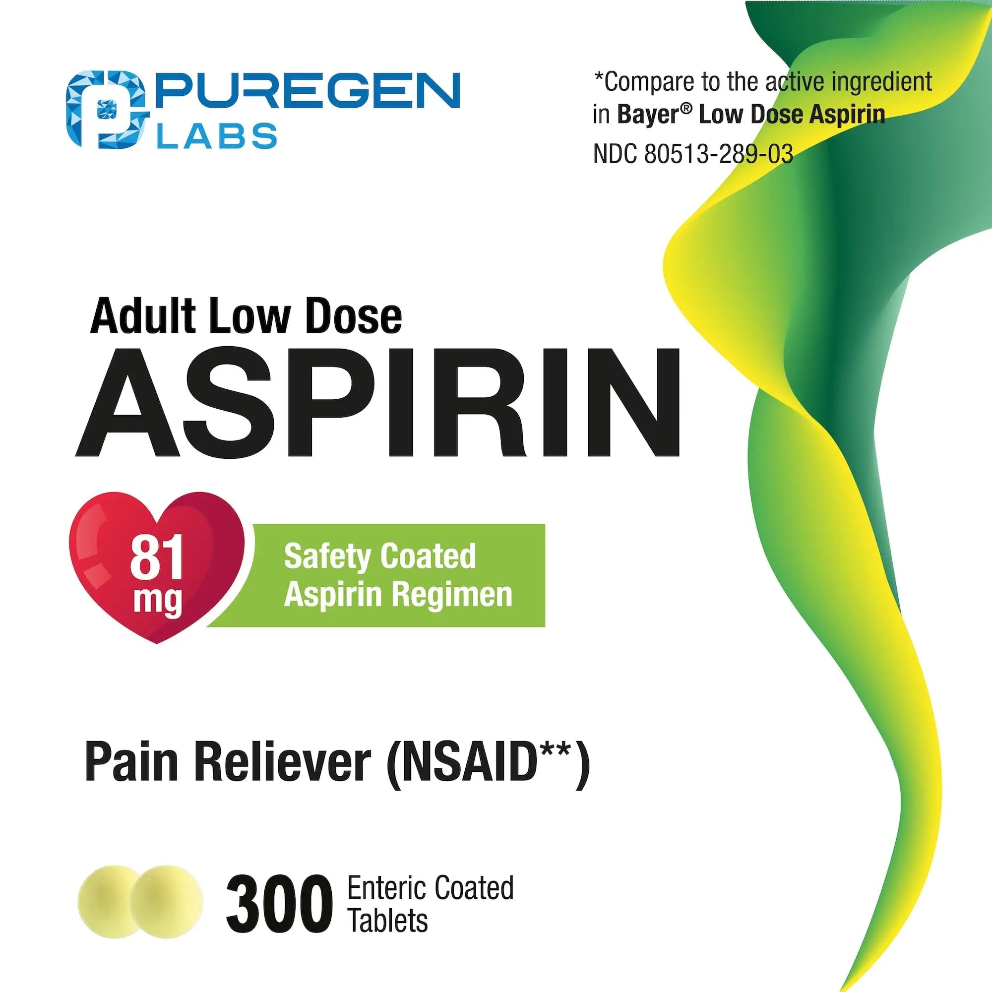 Puregen Labs Aspirin 81 mg Low Dose (NSAID) – 300 Enteric Coated Tablets P Puregen LabsAu supplements