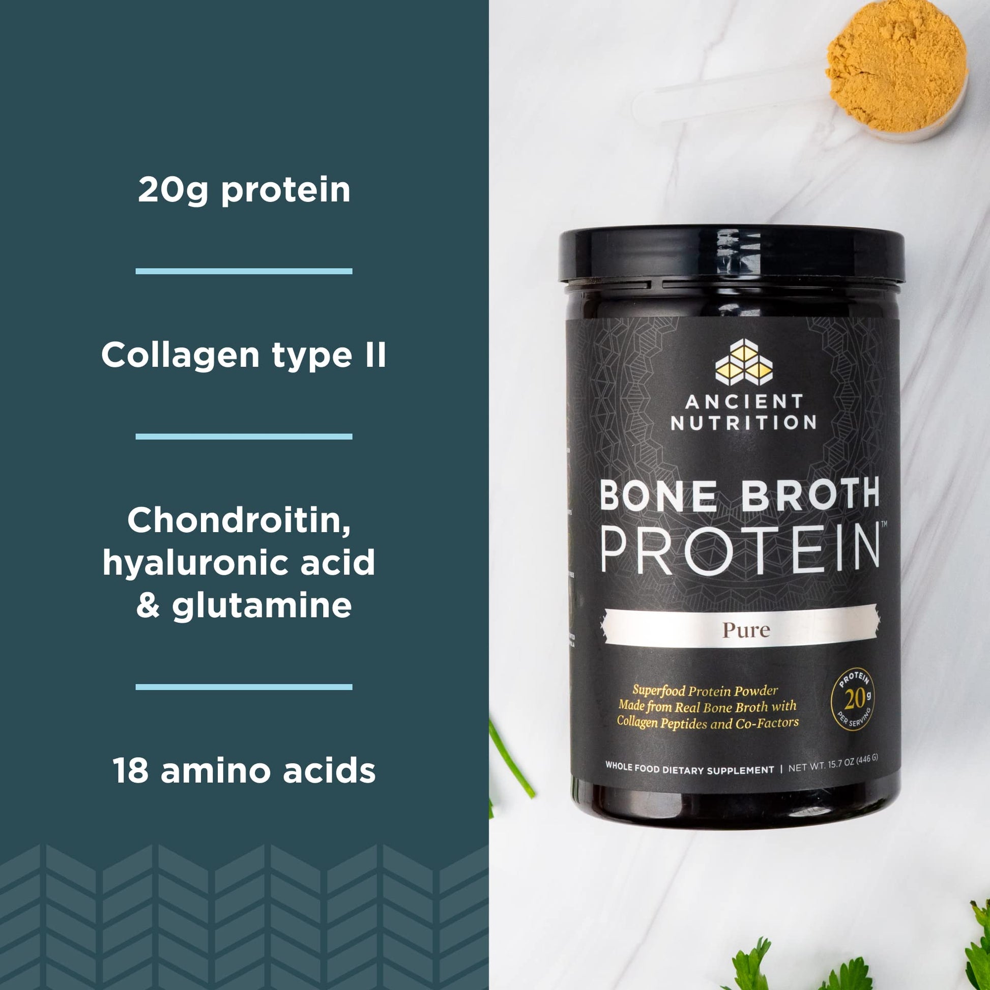 Ancient Nutrition Bone Broth Protein Powder, Pure Flavor, 20 Servings Size Ancient NutritionUS supplements