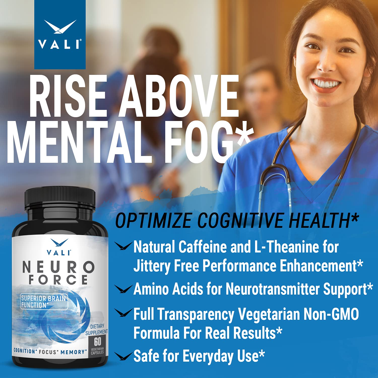 VALI Neuro Force Brain Booster Supplement for Focus, Memory, Clarity & Energy. Extra Strength Nootropic Cognitive Function Support for Mental Performance. with Natural Caffeine. 60 Veggie Capsules VALIAu supplements