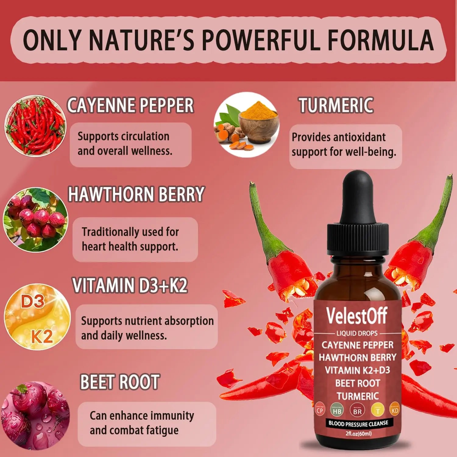 Velestoff Cayenne Pepper & Cayenne Pepper Drops Liquid Supplement with Hawthorn, Beet Root, Turmeric, Vitamin K2 D3 Nutralisnz supplements