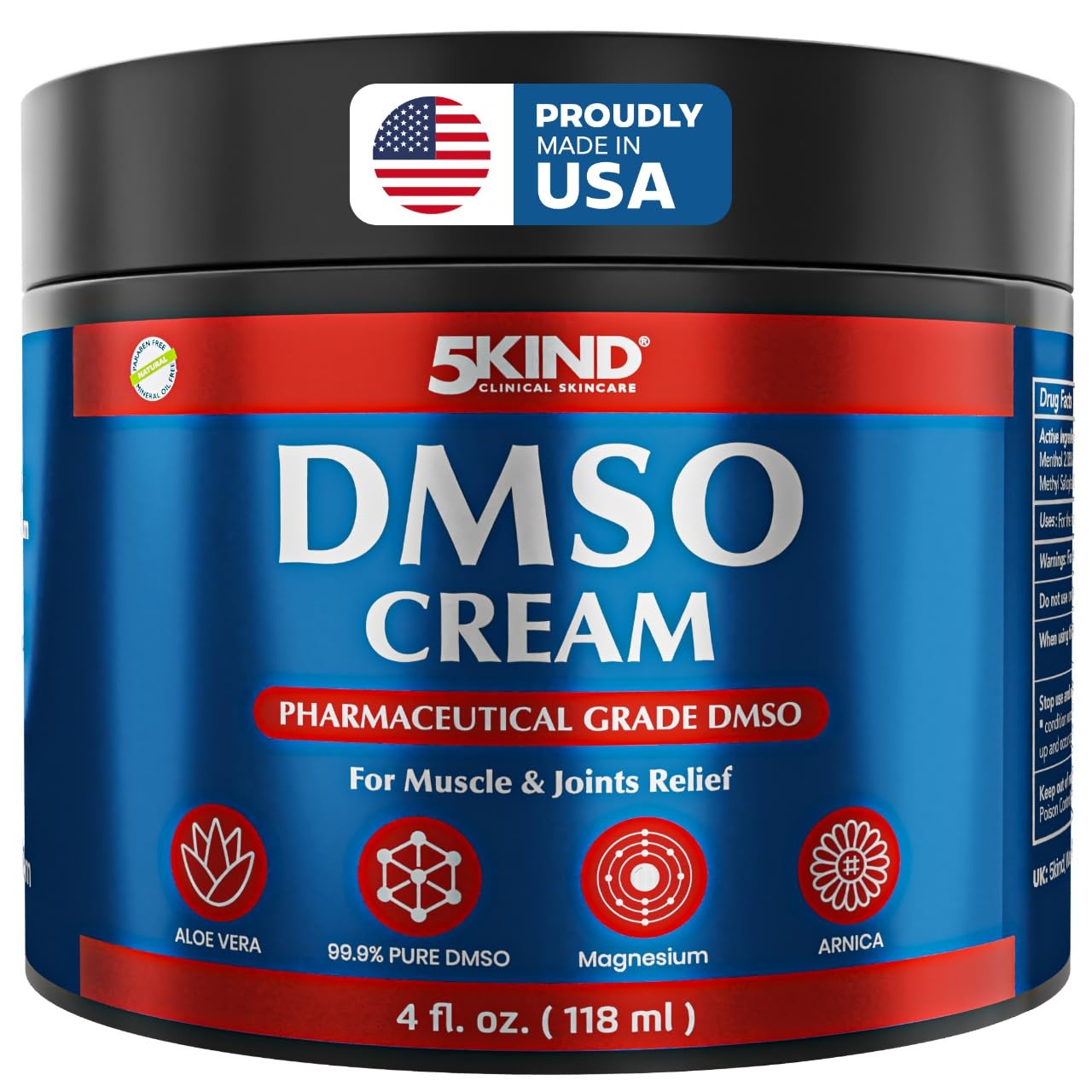 5Kind DMSO Cream for Pain Relief 4 fl oz - 99.9% Pure DMSO Pharmaceutical Grade Cream - Aloe Vera, Magnesium, Arnica & Menthol - Topical Muscle and Joint Pain Relief - Registered NDC - Made in USA 5kind clinical skincareAu supplements