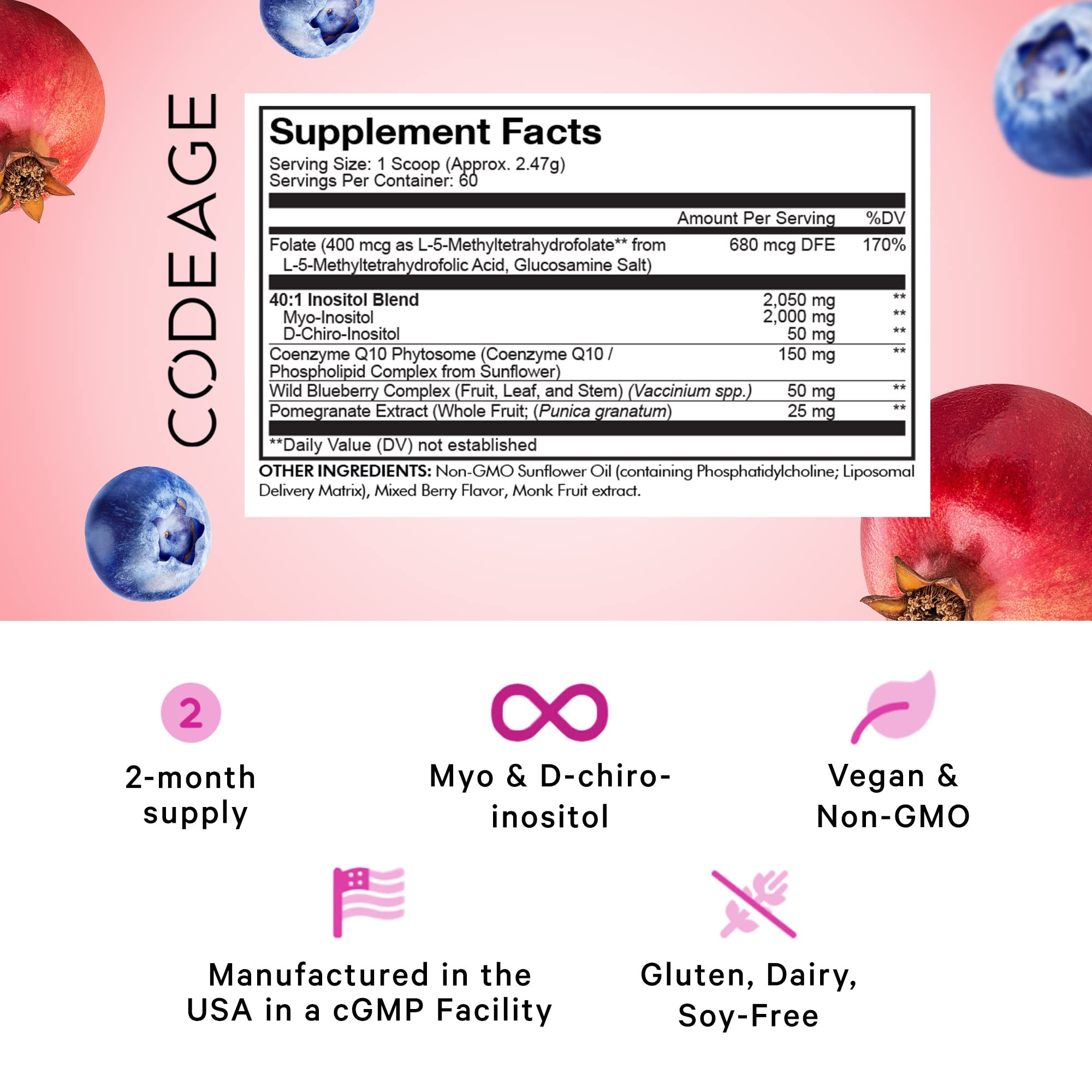 Codeage Liposomal Ovarian Inositol Powder - Myo-Inositol & D-Chiro-Inositol 40:1 Blend, Folate 5-MTHF, CoQ10, Pomegranate & Wild Blueberry - 2-Month Supply - Mixed Berry Flavor - Non-GMO, 60 Servings CodeageAu supplements