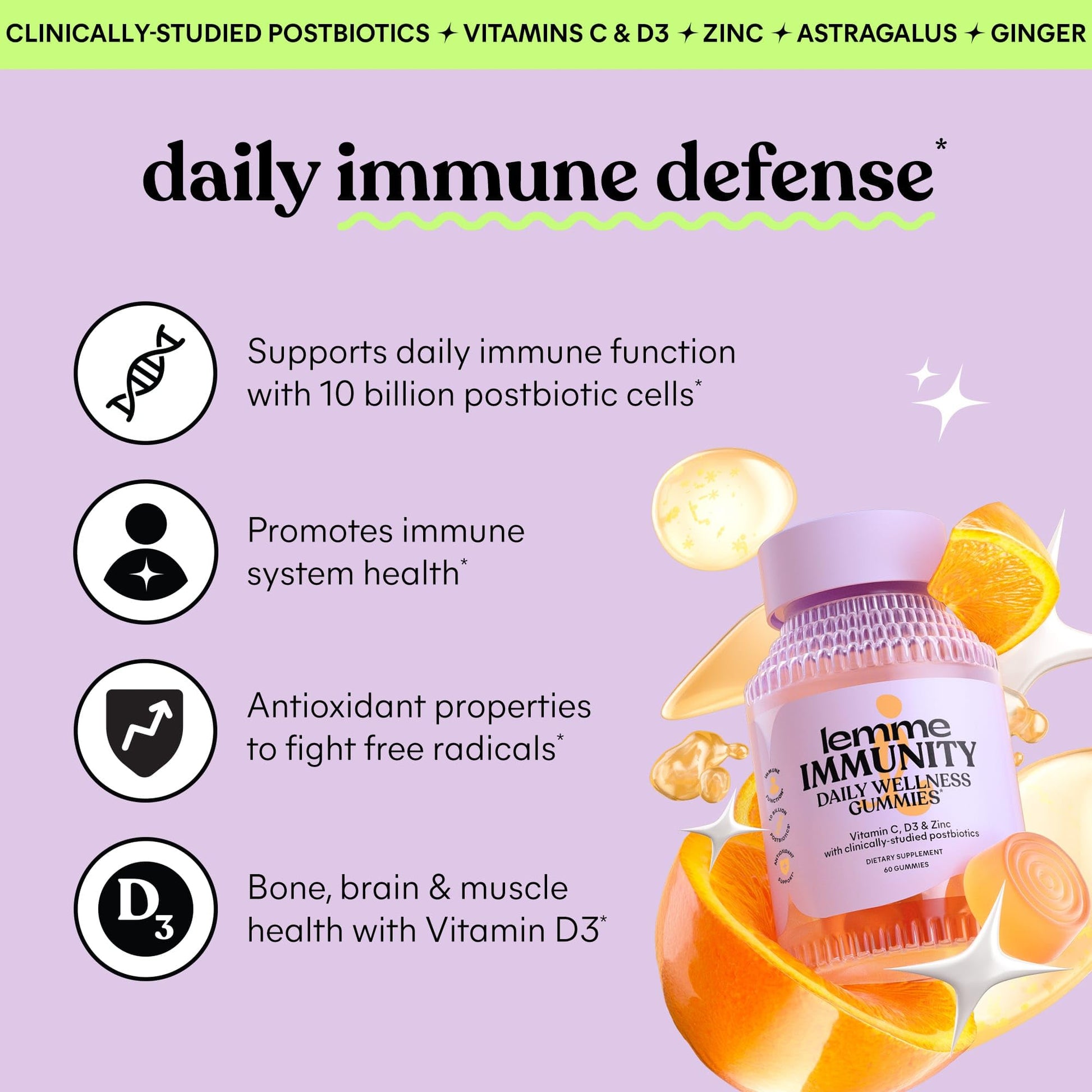 Lemme Immunity Postbiotic Gummies with Vitamin C, Vitamin D (2000 IU), Zinc, 10 Billion Postbiotic Cells, Astragalus for Immune Support - Vegetarian, Gluten Free, Sweet Orange (60 Count) LemmeAu supplements
