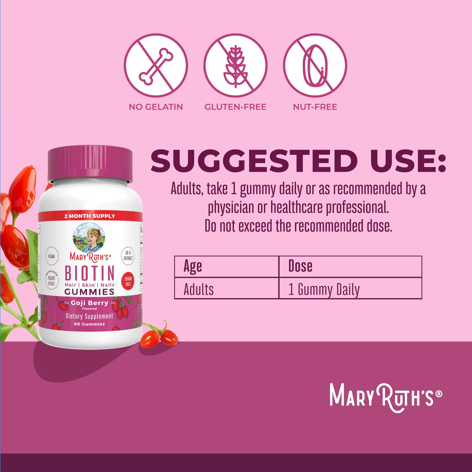 MaryRuth Organics Biotin Gummies | Sugar Free | Vegan | Non-GMO | 2,500 mcg Biotin Supplement | Hair Skin and Nails Vitamins | Hair Growth Vitamins | Hair Growth Supplement | 60 Count MARYRUTH'SUS supplements