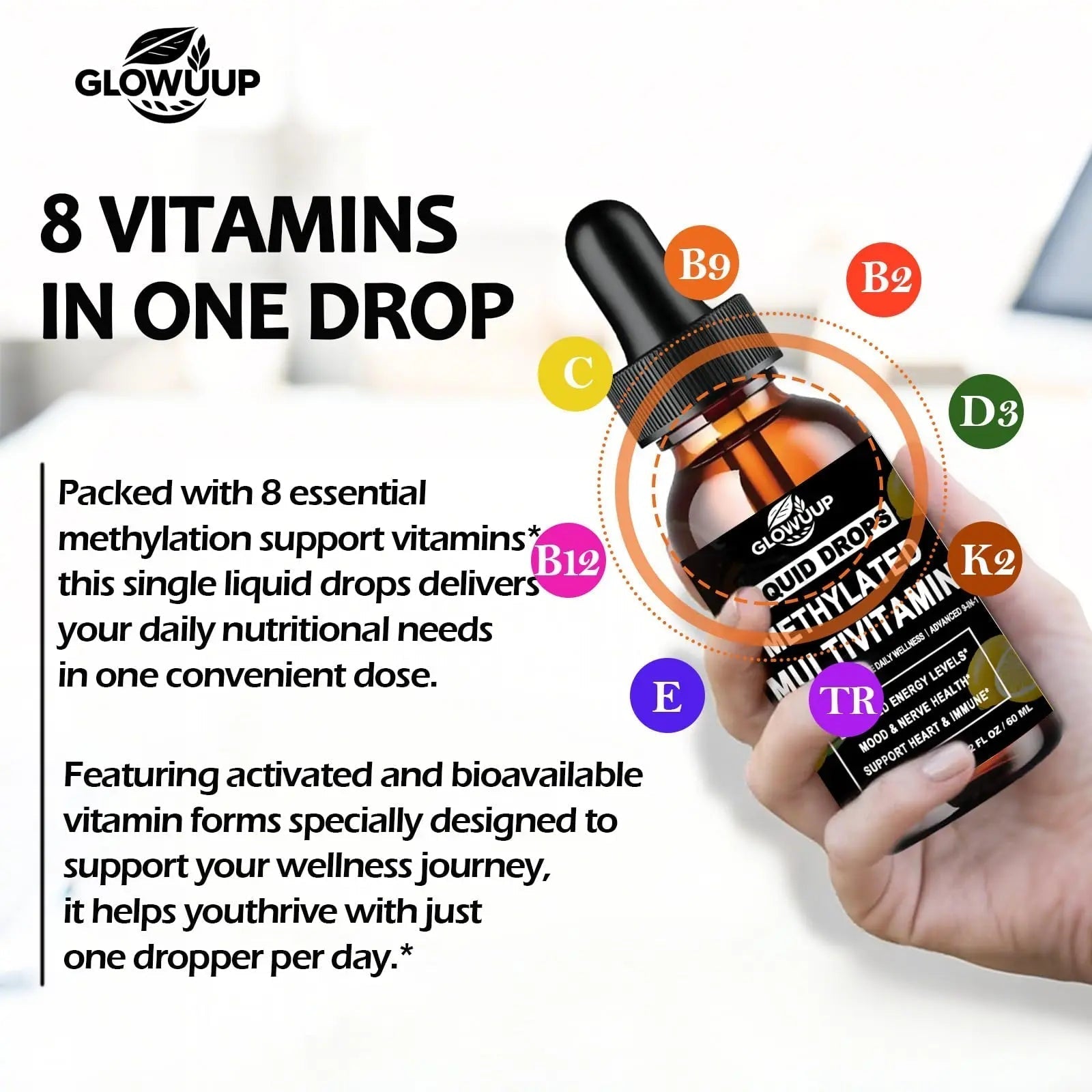 Multivitamin for Women & Men, Methylated Multivitamins & Multiminerals liquid Drops with Methylfolate B12 B2 Vitamin C E D3 K2 GLOVVUUPAu supplements