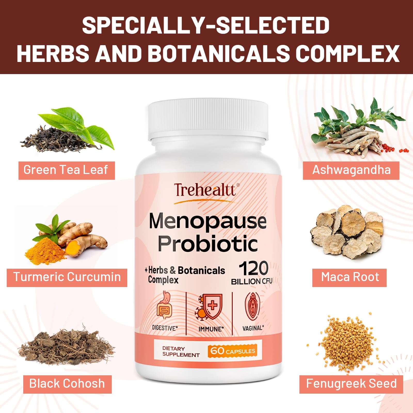 Menopause supplements for women, 120 Billion CFU Probiotic, 13-in-1 Herbs & Botanicals Complex, for Hormone Menopause, Hot Flashes, Night Sweats, Mood Swings, Sleep Disturbances, Vegan, 60 Capsules TrehealttAu supplements