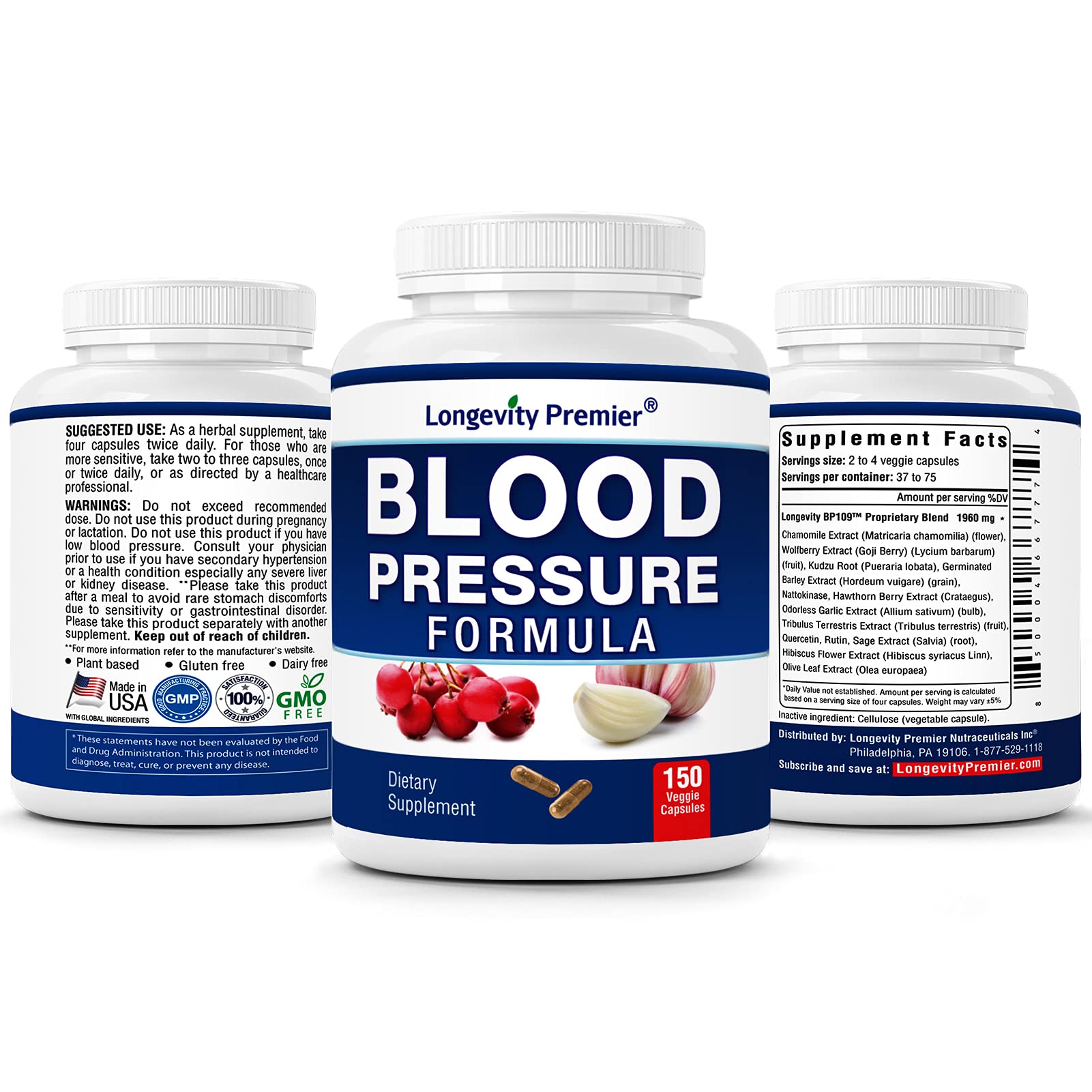 [3-Bottle X 150 Caps] Longevity Blood Pressure Formula -Scientifically formulated with Hawthorn & 12+ Quality Natural Herbs LONGEVITY PREMIER NUTRACEUTICALS INCAu supplements