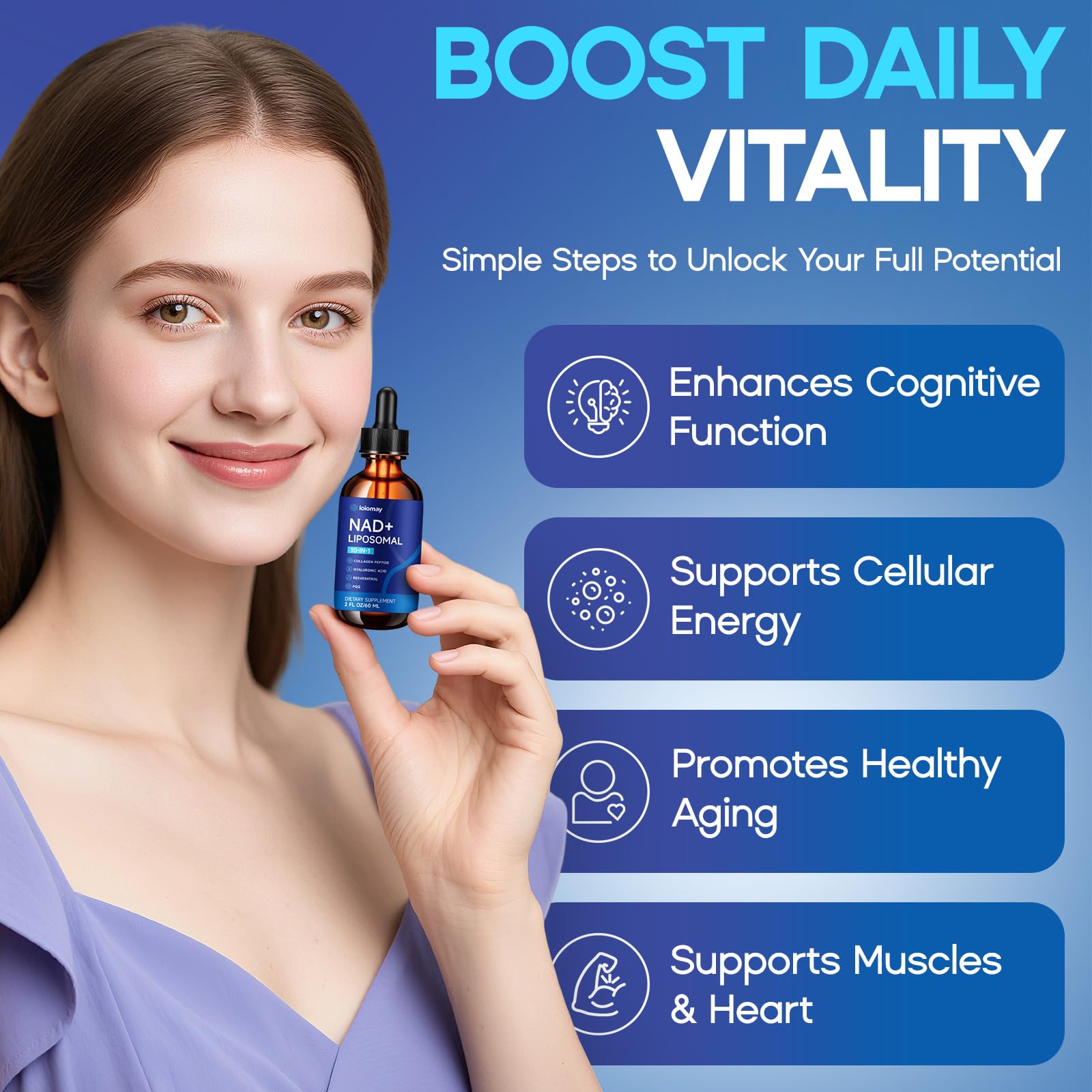 Liposomal NAD Liquid Supplement - 1500mg NAD+ Drops for Women & Men with Resveratrol & Nicotinamide Riboside, PQQ, Collagen & Turmeric for Anti-Aging & Longevity, Cellular Energy Health, 2 Fl Oz loiomayAu supplements