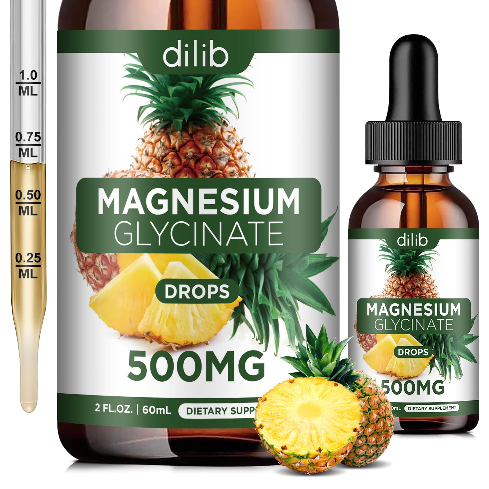 Magnesium Glycinate Supplement, Liquid Magnesium Glycinate Liquid Drops 500mg-Support Stress Relief, Relaxation, Mood, Sleep, Bone & Muscle-2 Fl Oz, Vegan, Pineapple Flavor dilibAu supplements