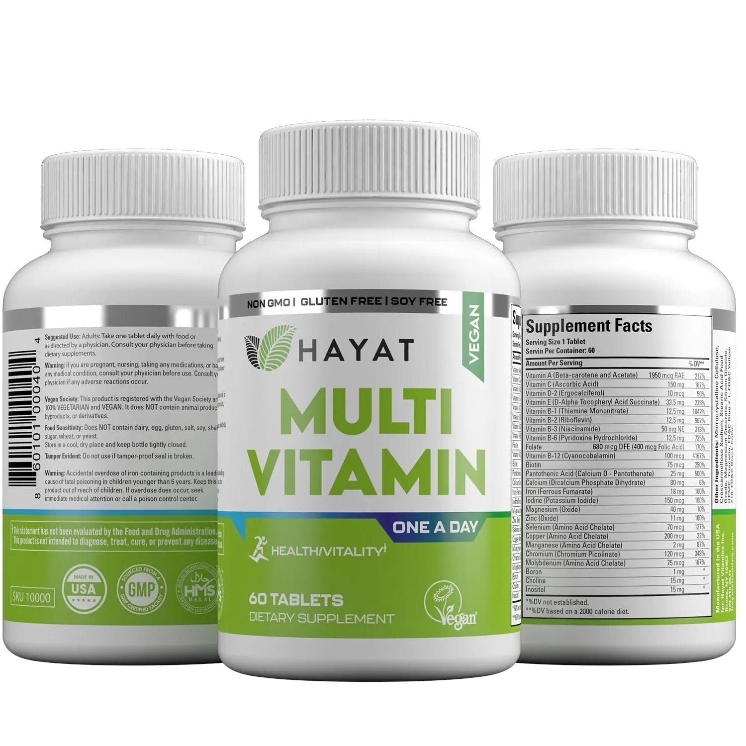 HAYAT Vitamins Vegan Natural Multivitamin, Daily Vitamins with Vitamin A, C, D, E, B1, B2, B3, B6, B12, Biotin, Zinc and More, 2 Month Supply, All Natural HAYATAu supplements