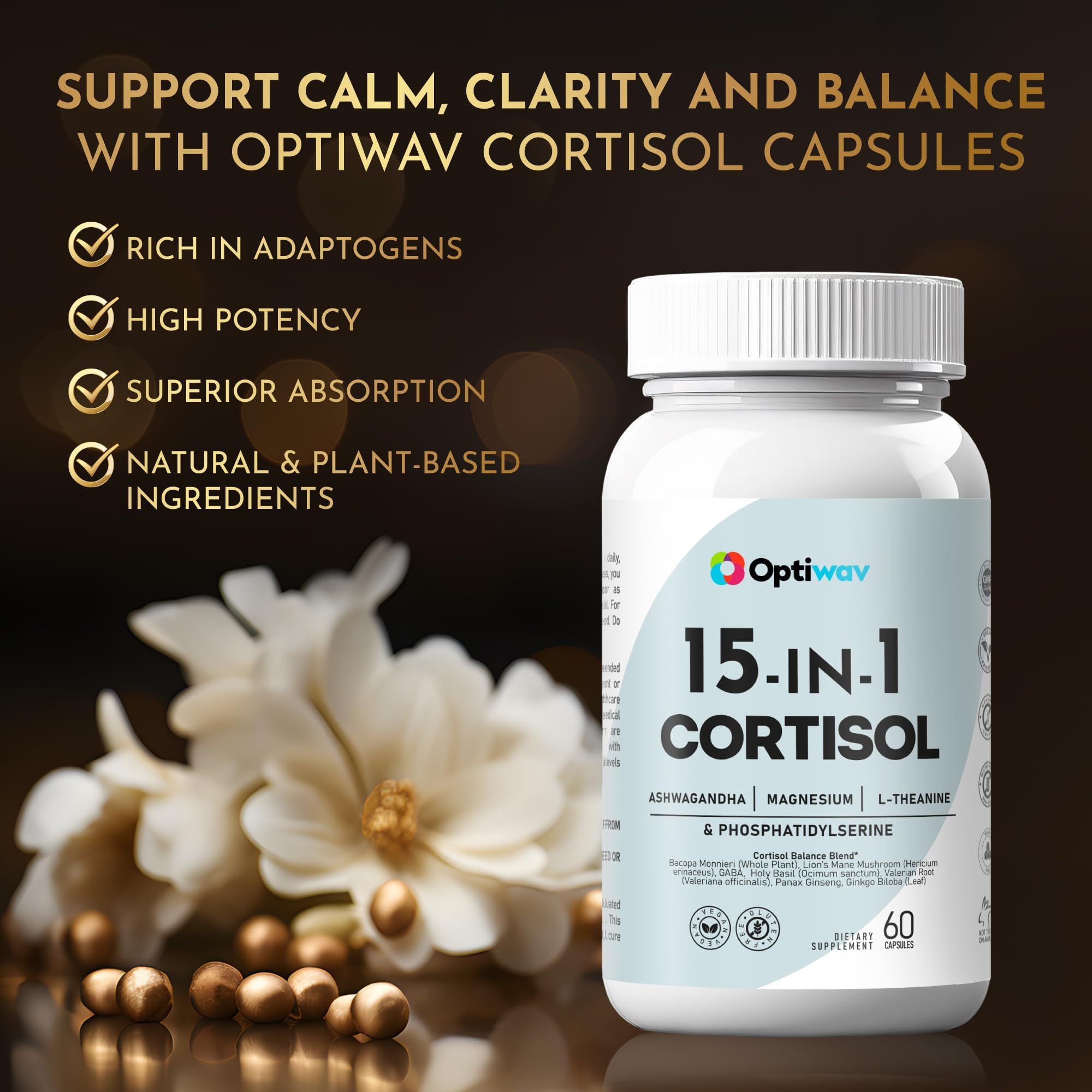 Optiwav Cortisol Detox Supplement for Women Men - Control & Lowering High Cortisol Level - Balance Calm Stress Relief Cleanse Adrenal Health Support - Magnesium Ashwagandha Cortisol Blocker Reducer OptiwavAu supplements