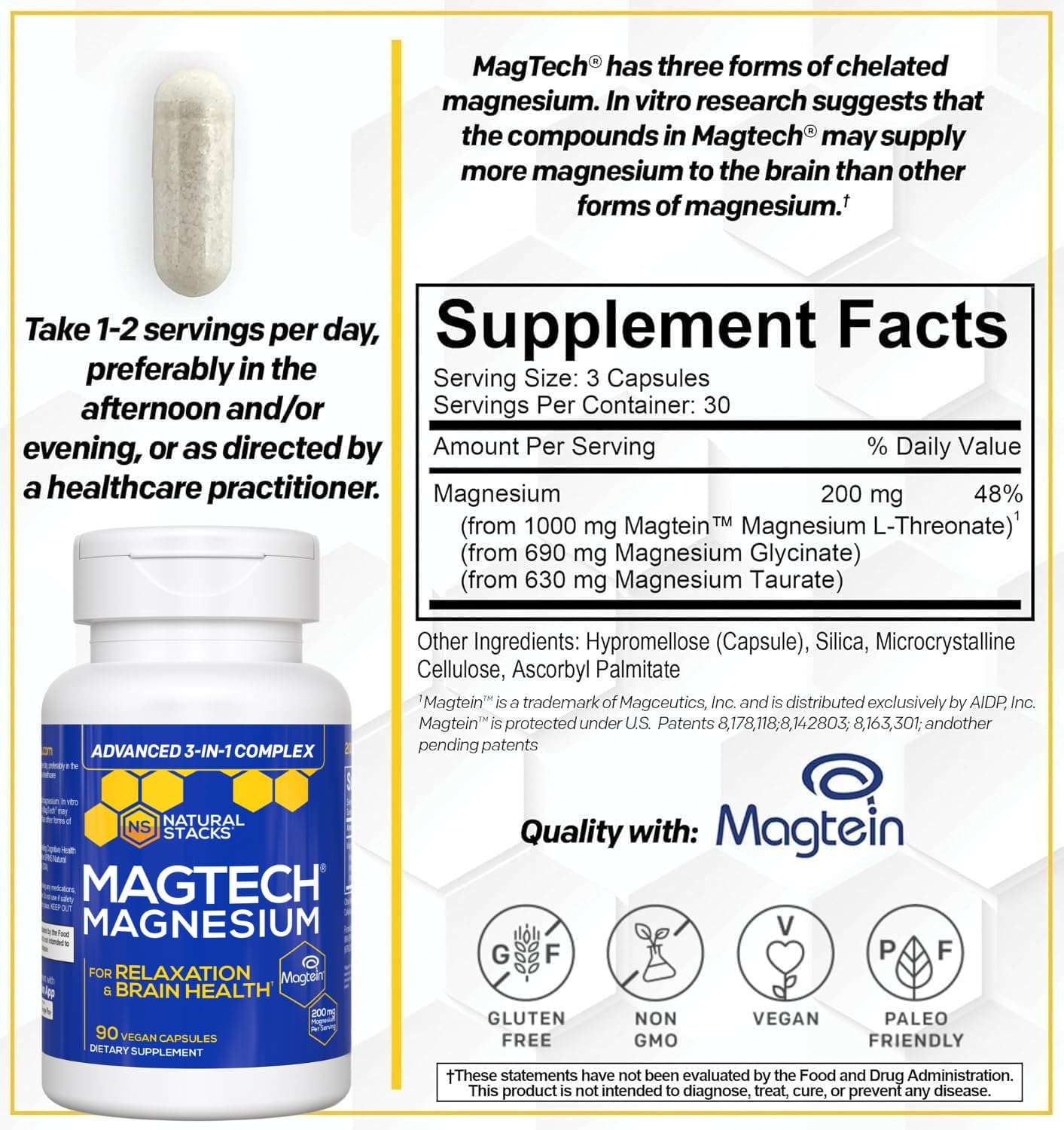 Magtein Magnesium L-Threonate, Glycinate & Taurate – 200mg Chelated Magnesium Complex – MagTech Magnesium Supplement for Relaxation & Brain Health – 90 Capsules NATURAL STACKSAu supplements