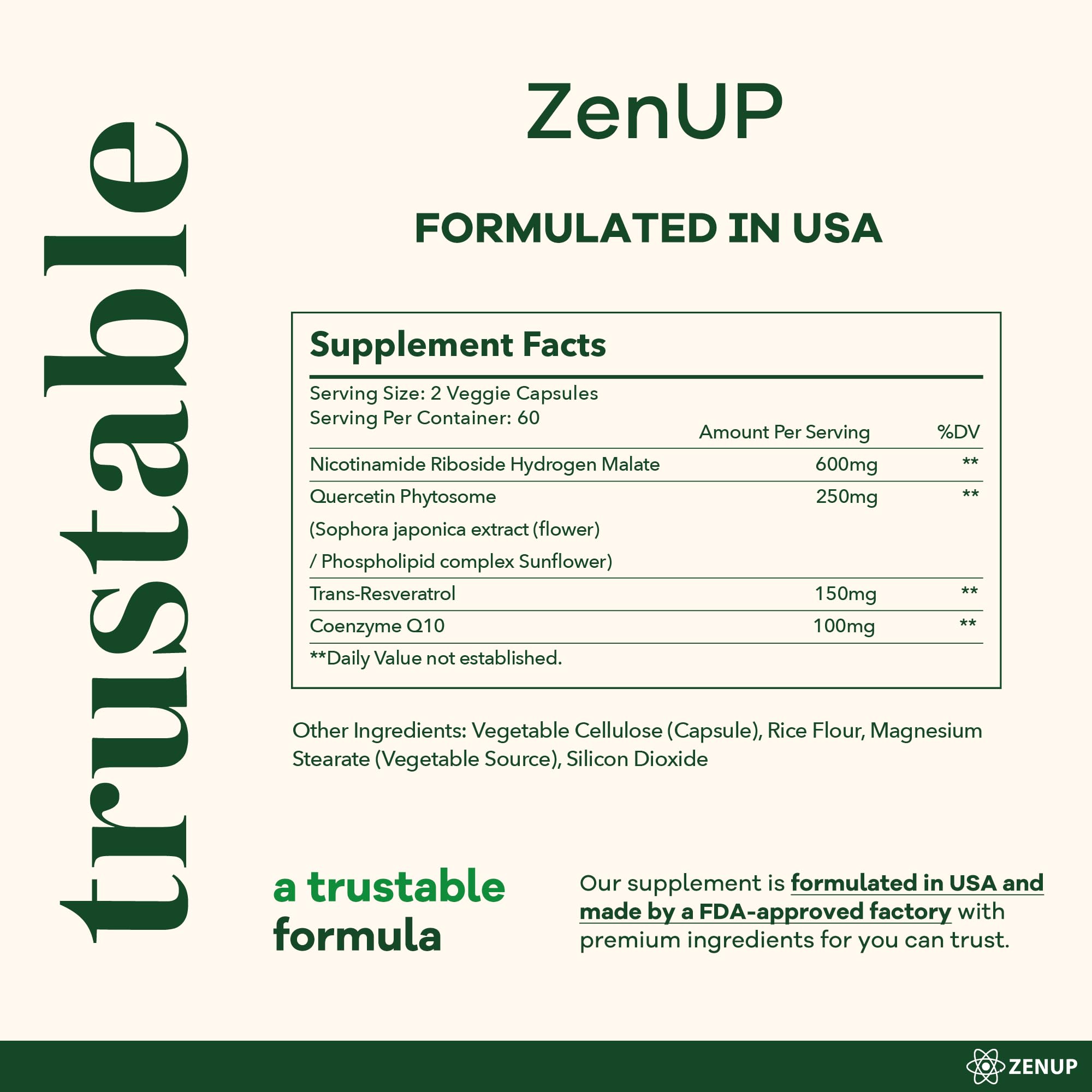 ZenUP NAD+ Supplement | 1100mg Liposomal Nicotinamide Riboside with Resveratrol & Quercetin | Anti-Aging, Cellular Energy, Mental Focus | 120 Caps ZenUPAu supplements