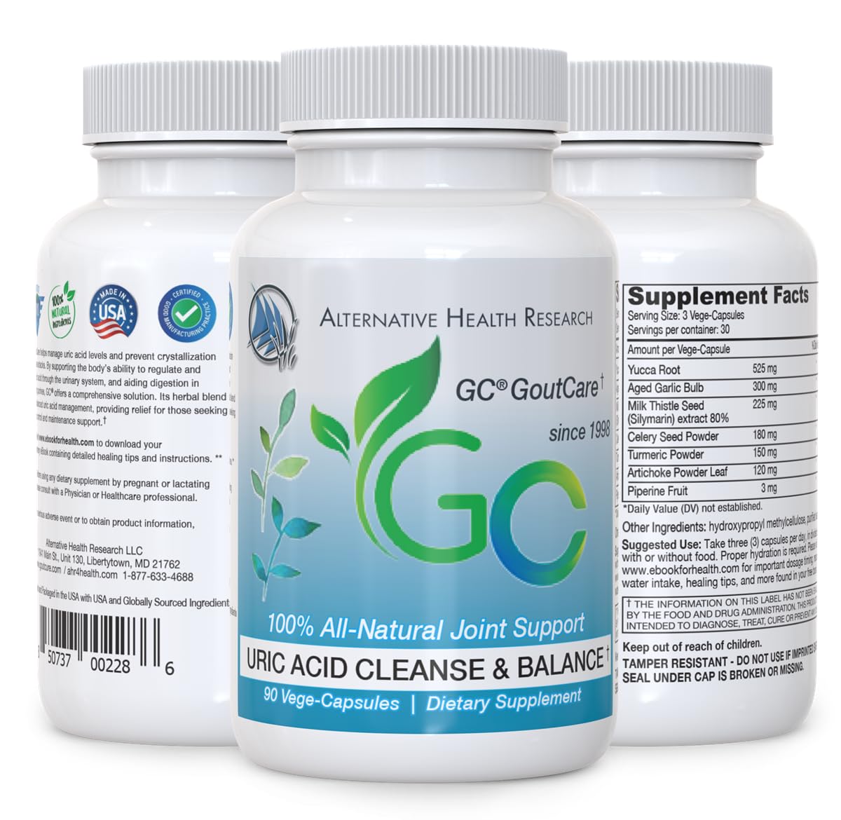 GC® GoutCare: Uric Acid Control | Uric Acid Prevention | Joint Health Supplement | Joint Relief | with Turmeric, Celery Seed Extract, Milk Thistle and More | 90 Capsules per Bottle | Non-GMO Alternative Health Research LLCAu supplements
