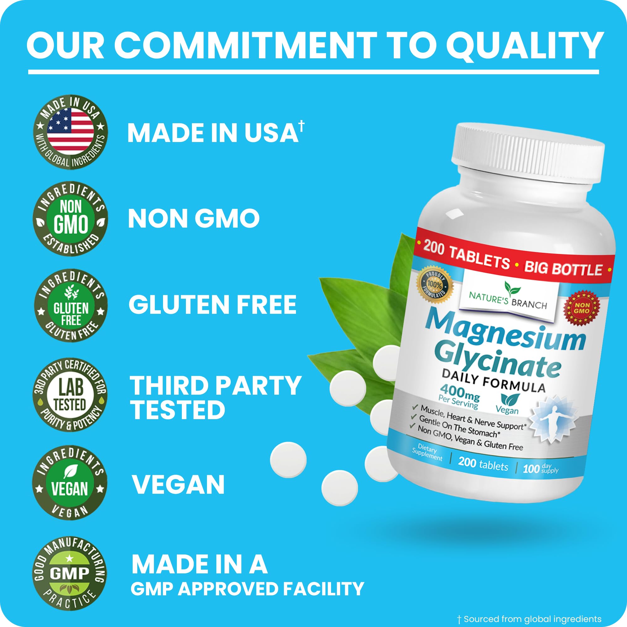 Magnesium Glycinate 400mg | 200 Tablets | High Absorption Mag Supplements for Sleep, Leg Cramps, Heart, Muscle, Calm | Non Buffered Bisglycinate, Extra Strength for Women and Men, Tablets Not Capsules NATURE'S BRANCHAu supplements