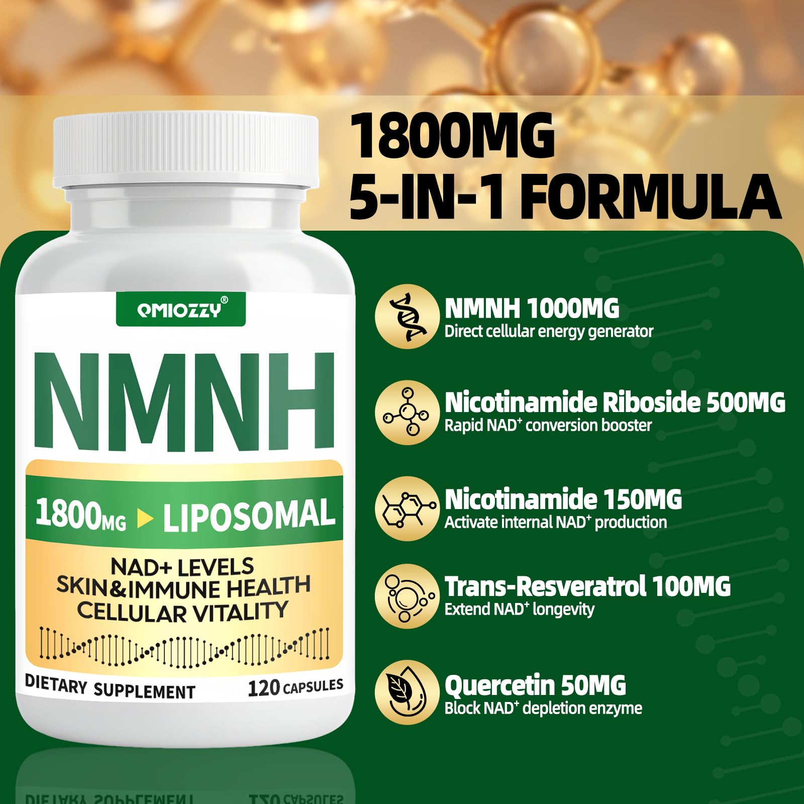 NMNH Supplement 1000mg - Nicotinamide Mononucleotide Alternative, Boost NAD+ with Liposomal Resveratrol & Nicotinamide Riboside NR, for Healthy Cellular, Aging, Energy, 120 Vegan Non-GMO Capsules QmiozzyAu supplements