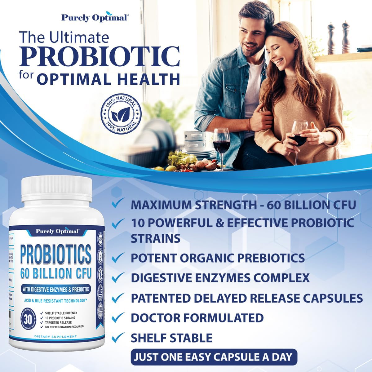 Purely Optimal Probiotics for Digestive Health, 60 Billion CFU – Delayed-Release with Digestive Enzymes & Organic Prebiotics – Bloating, Immune & Energy Support, 30 Caps Purely OptimalAu supplements