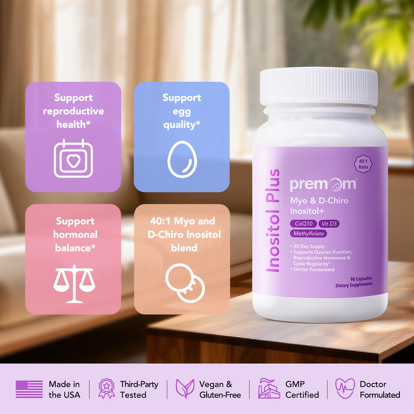 Premom Inositol Plus - 2000mg Myo-Inositol & 50mg D-Chiro Inositol, CoQ10, Folate & Vitamin D3-40:1 Ratio - Supports Hormonal Balance, Ovarian & Reproductive Health - 30 Day Supply PremomAu supplements