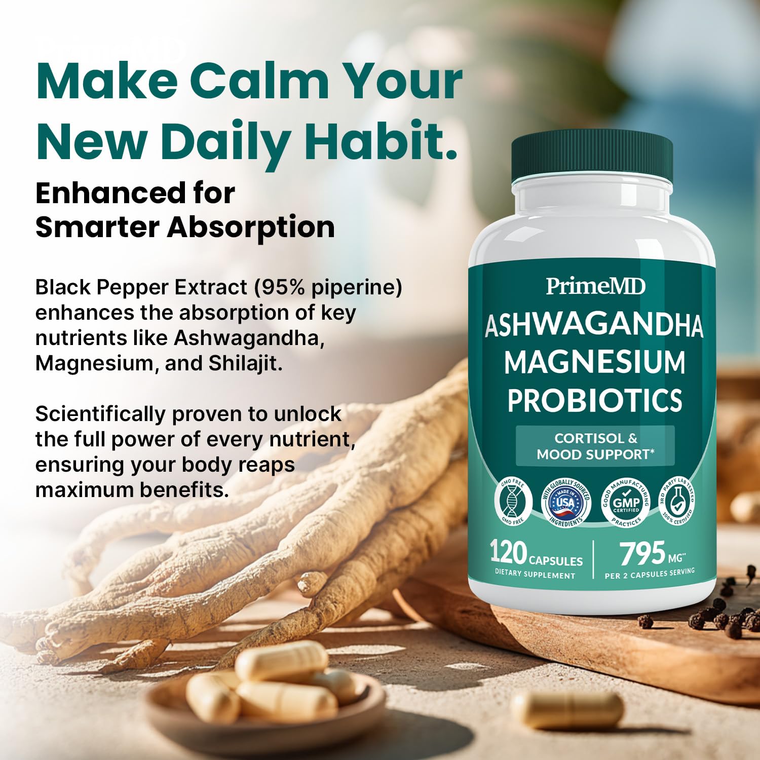 5-in-1 Cortisol Supplement for Women and Men with Ashwagandha for Calmness, Focus, and Adrenal Support Supplements with Shilajit Extract, Magnesium Glycinate, Probiotics (120 ct) (Pack of 1) PrimeMDAu supplements