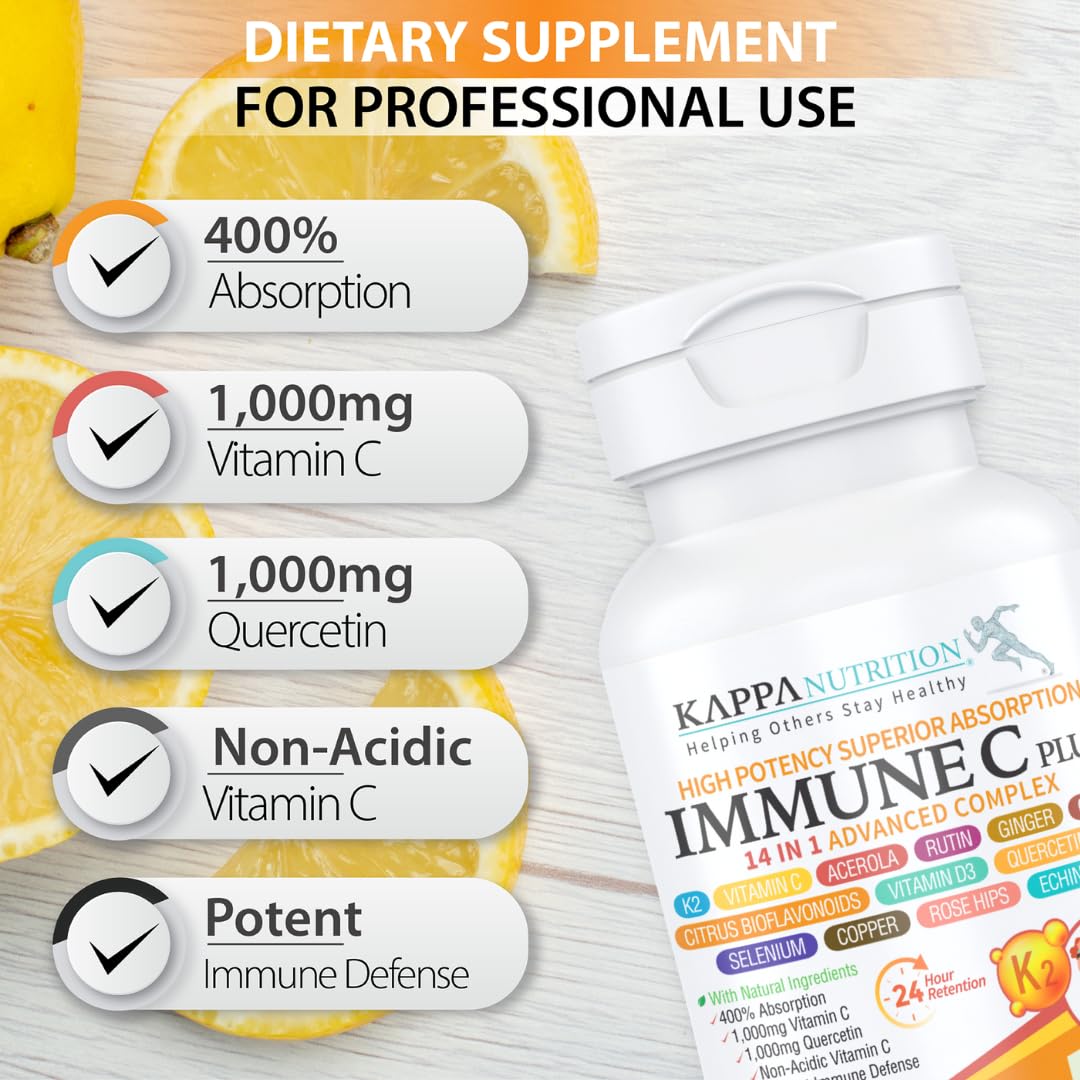 Quercetin 1,000mg, Vitamin C 1,000mg, Zinc 50mg, Vitamin D3 5,000iu, Selenium, Copper, Acerola, Ginger, Rutin, Bitter Orange, Rose Hips, Echinacea, Immune C Plus, 14 in 1 Immune C Plus (90 Count) KAPPA NUTRITIONAu supplements