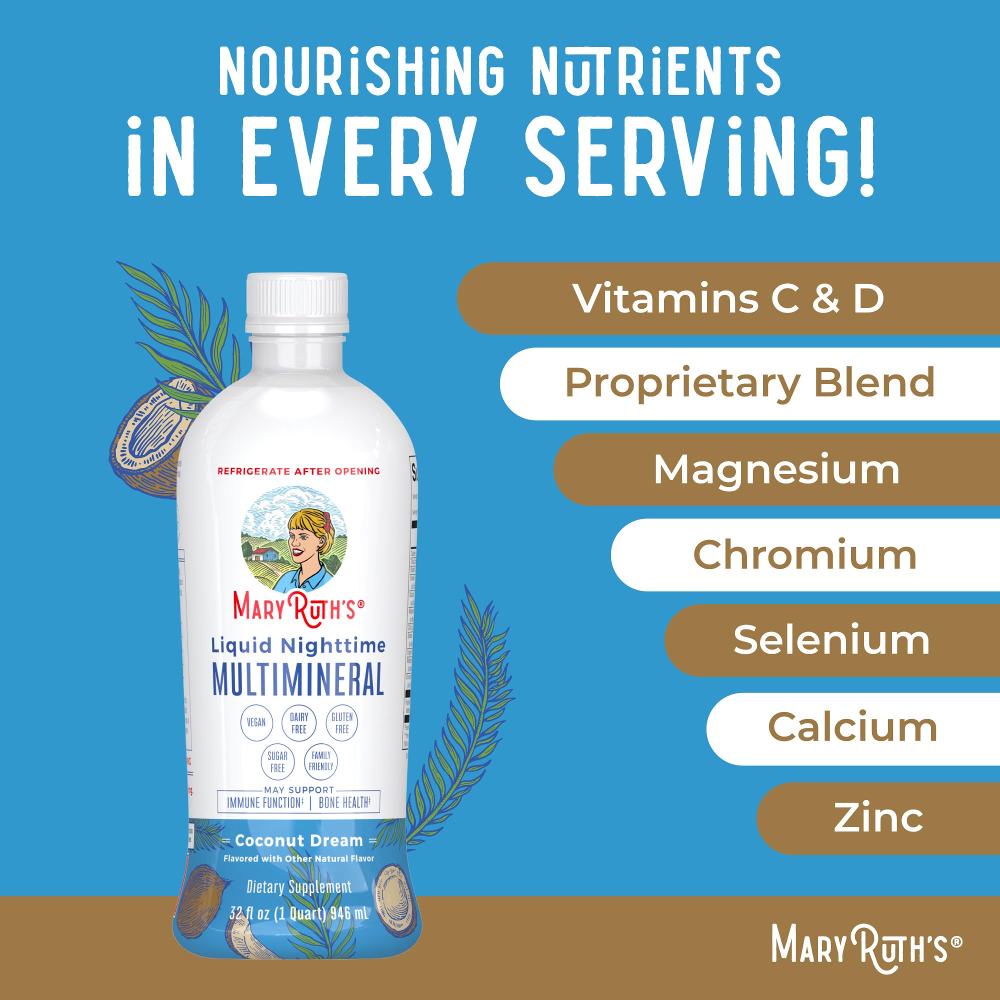 MaryRuth Organics Liquid Nighttime Multimineral | No Melatonin | Bedtime Routine | Magnesium Citrate | Calcium | Zinc | Vitamin D3| Available in 4 Flavors - Vegan | Sugar Free | Gluten Free | 32 Oz MARYRUTH'SUS supplements