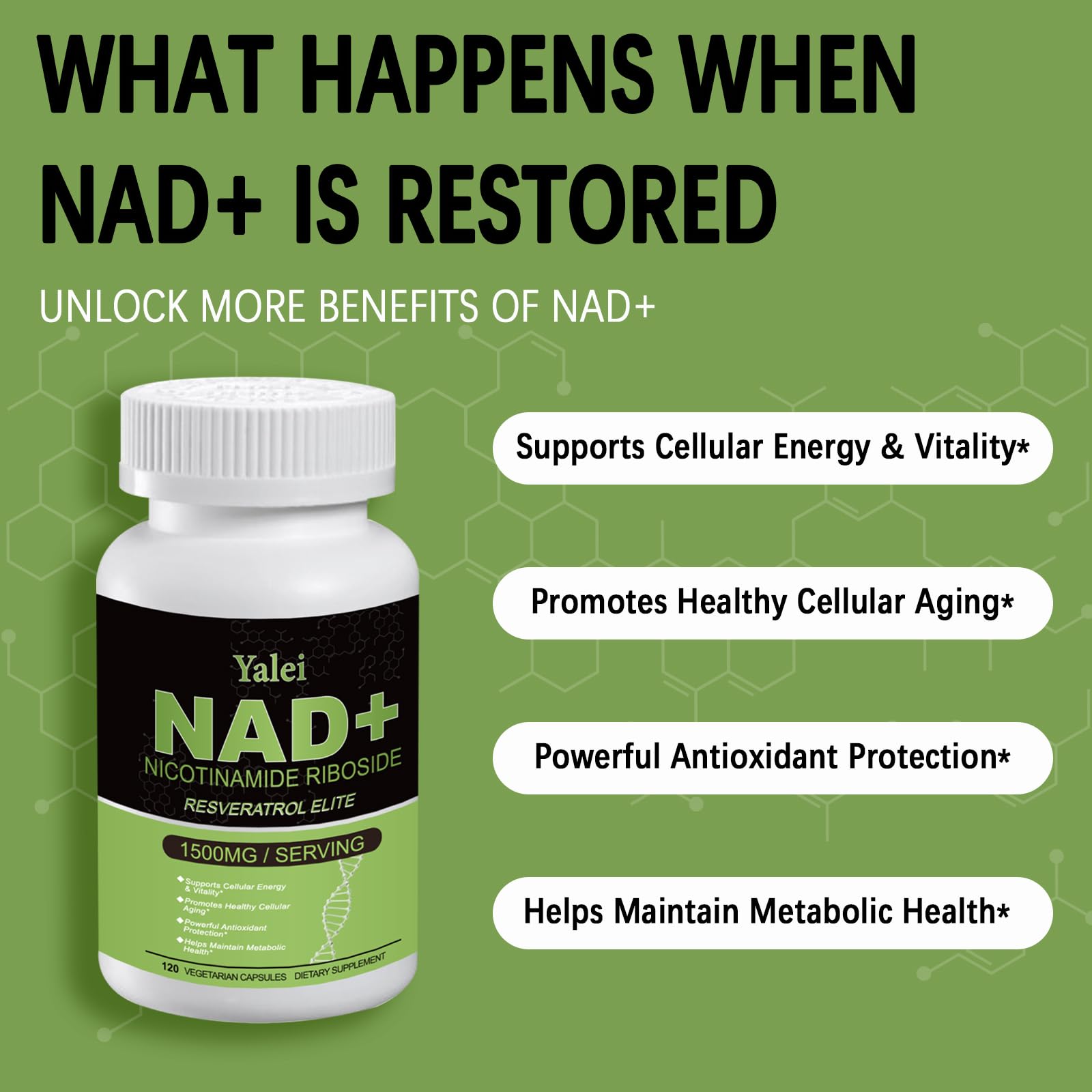 Yalei NAD Resveratrol Supplement 1500mg,120 Veggie Capsules | Liposomal NAD Plus Boosting | Support Cellular Health, Stamina & Healthy Aging for Women & Men | Non-GMO YaleiAu supplements