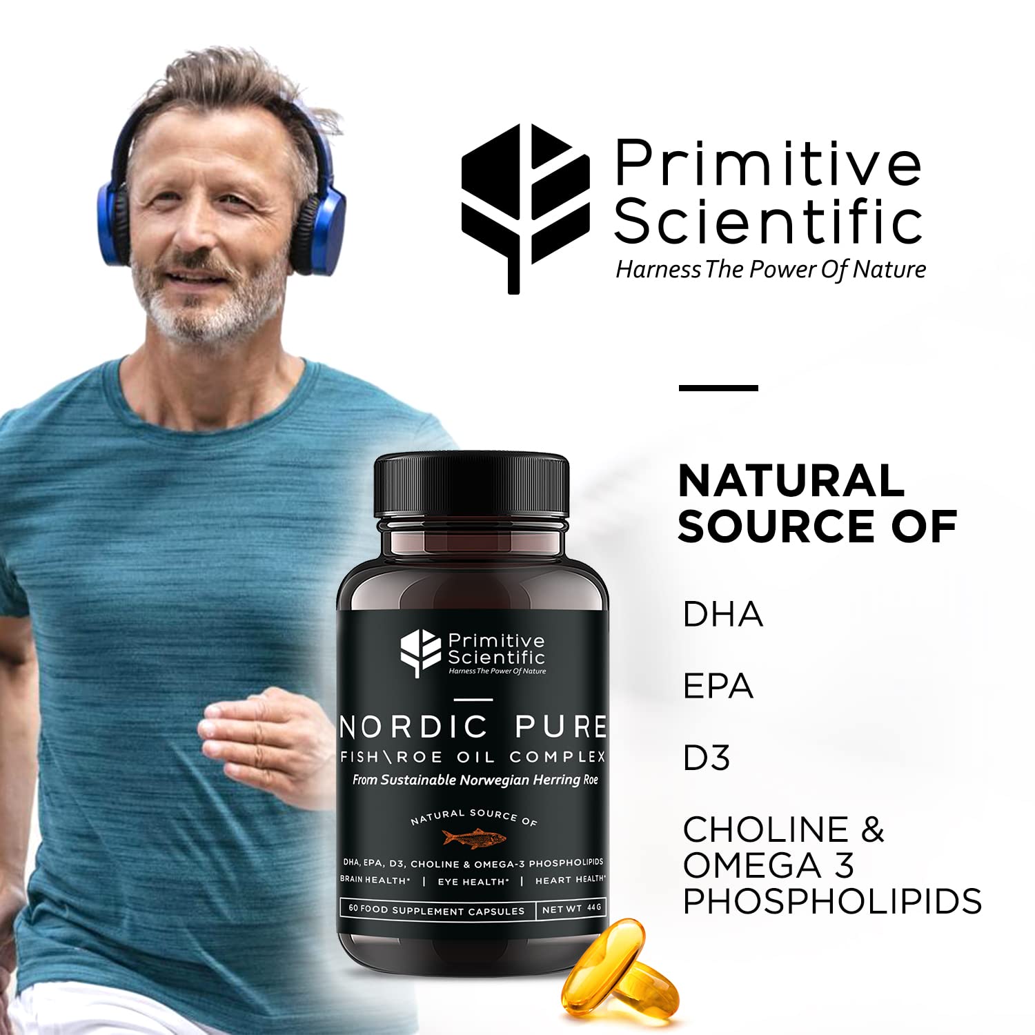 Primitive Scientific Nordic Pure Oil Complex (60 Fish Oil Capsules) for Brain, Immunity & Vision - Heart Supplement w/EPA, DHA, Vitamin D3, Choline - Omega 3 Supplements Primitive ScientificAu supplements
