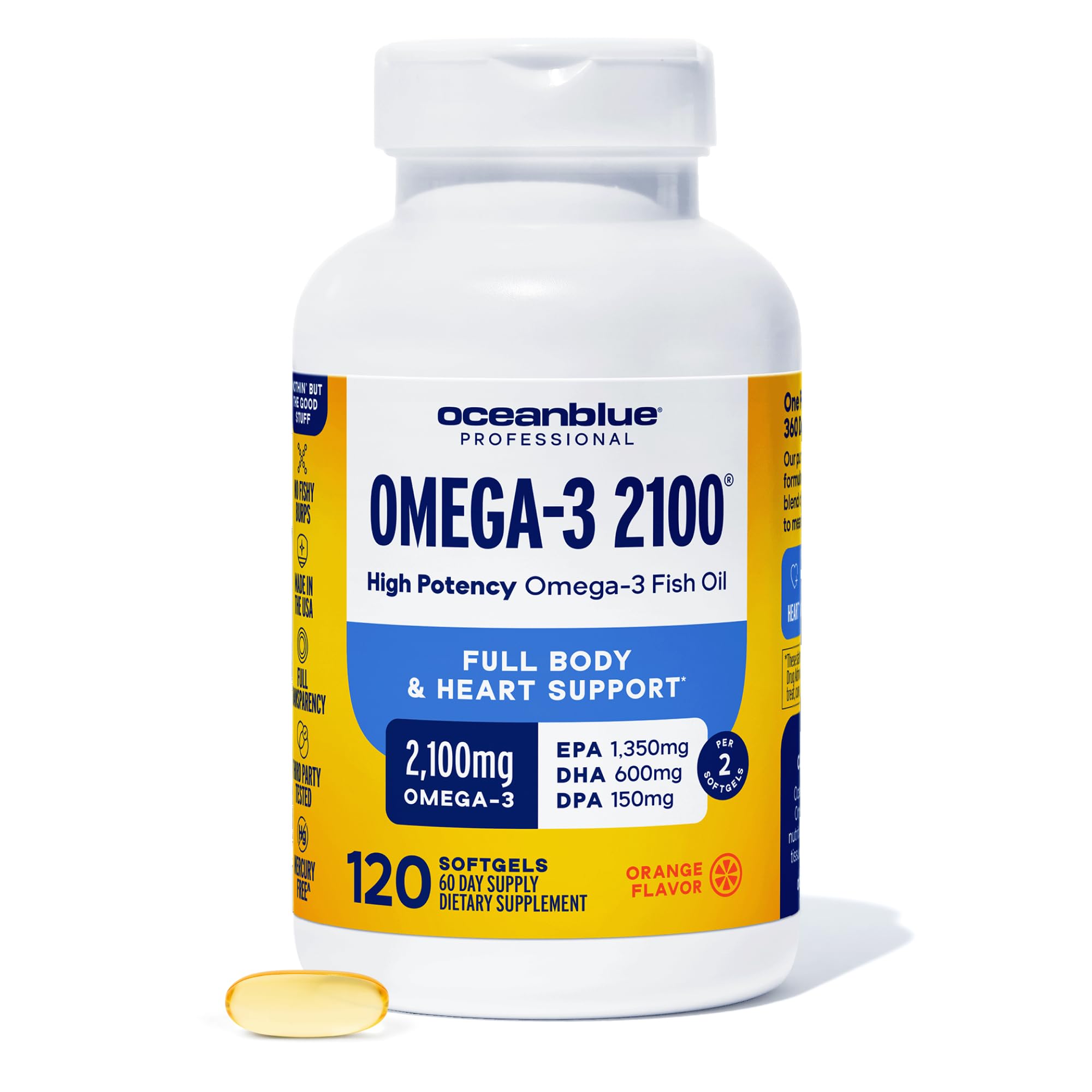 Oceanblue Professional Omega-3 2100mg Fish Oil Supplement – Triple Strength, High Potency EPA, DHA & DPA – Burpless, Wild-Caught, Natural Orange Flavor – 120 Count (Pack of 1) OceanblueAu supplements