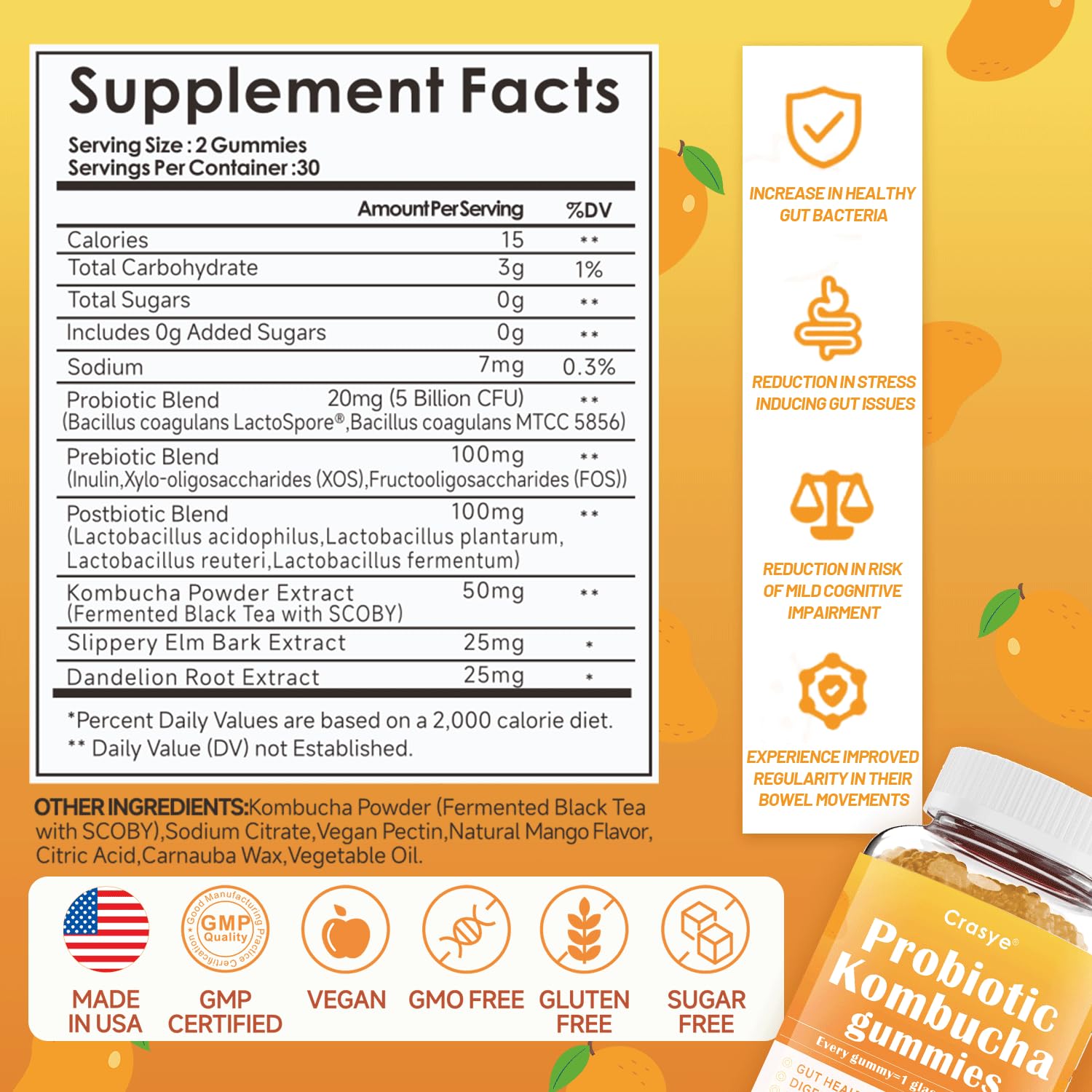 Crasye Probiotic Kombucha Gummies Sugar Free Prebiotic Postbiotic Probiotics Gummies with Slippery Elm for Women and Men Bloating Gut Health Immune and Digestive Support - 60 Gummies - 30 Servings CrasyeAu supplements
