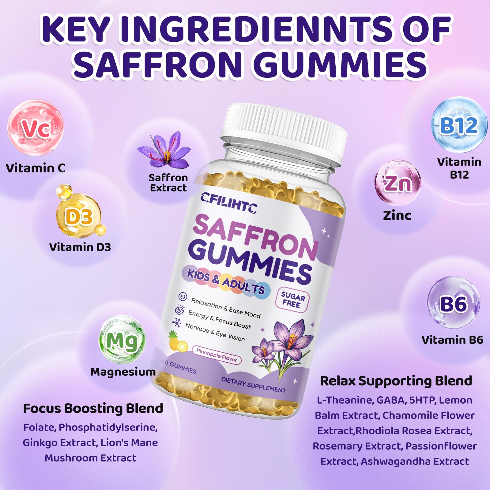 Saffron Gummies for Kids & Adults, 20-in-1 Saffron Supplements with 88.5mg Saffron Extract, B6, B12, C, D3, Magnesium for Calm, Focus, Nerve, Sugar Free, Vegan, Non-GMO - Pineapple Flavor, 60 Counts CFILIHTCAu supplements